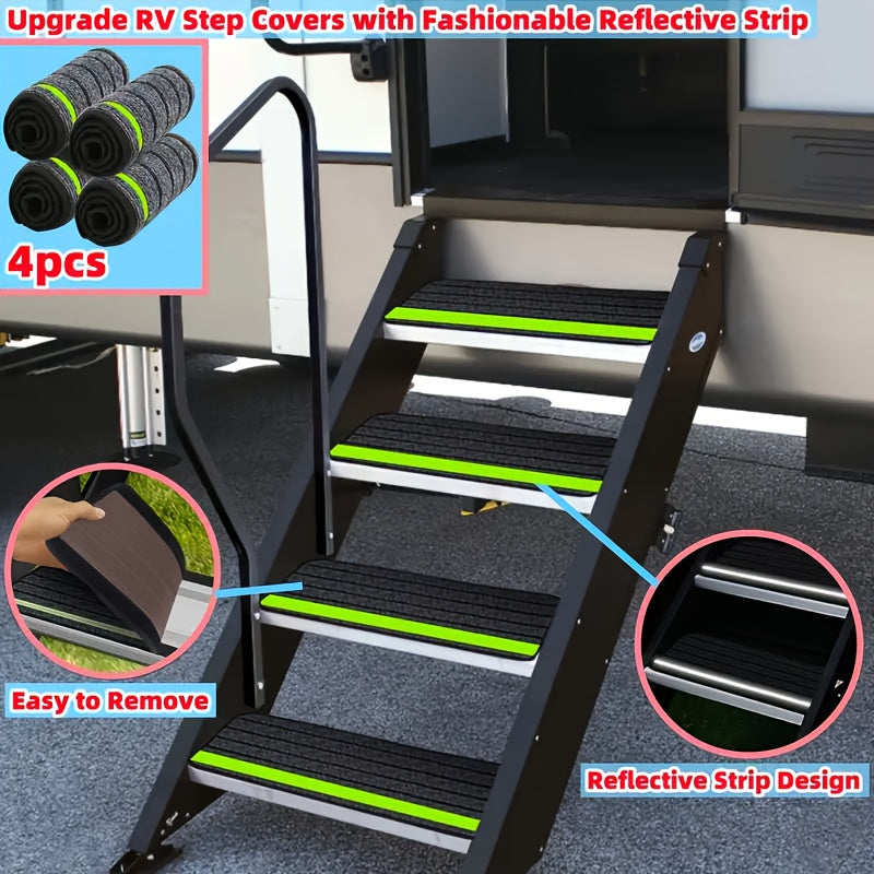 Premium RV Step Covers - Durable, Non-Slip, Reflective Camping Rug Set, Enhance The Safety And Style Of Your Travel Trailer, Perfect For Outdoor Adventures, Black Polyester Construction
