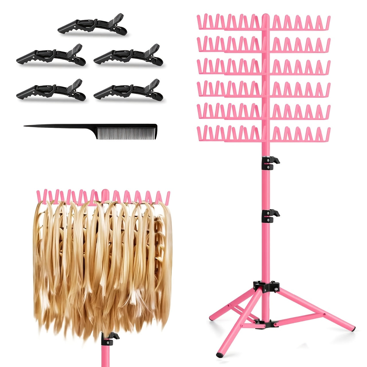 144 Peg Hair Extension Rack Freestanding Organizer with Divider Separator – Standing Braiding Hair Holder Display Stand for Salon Home Retail Store, Black White Pink Set Available