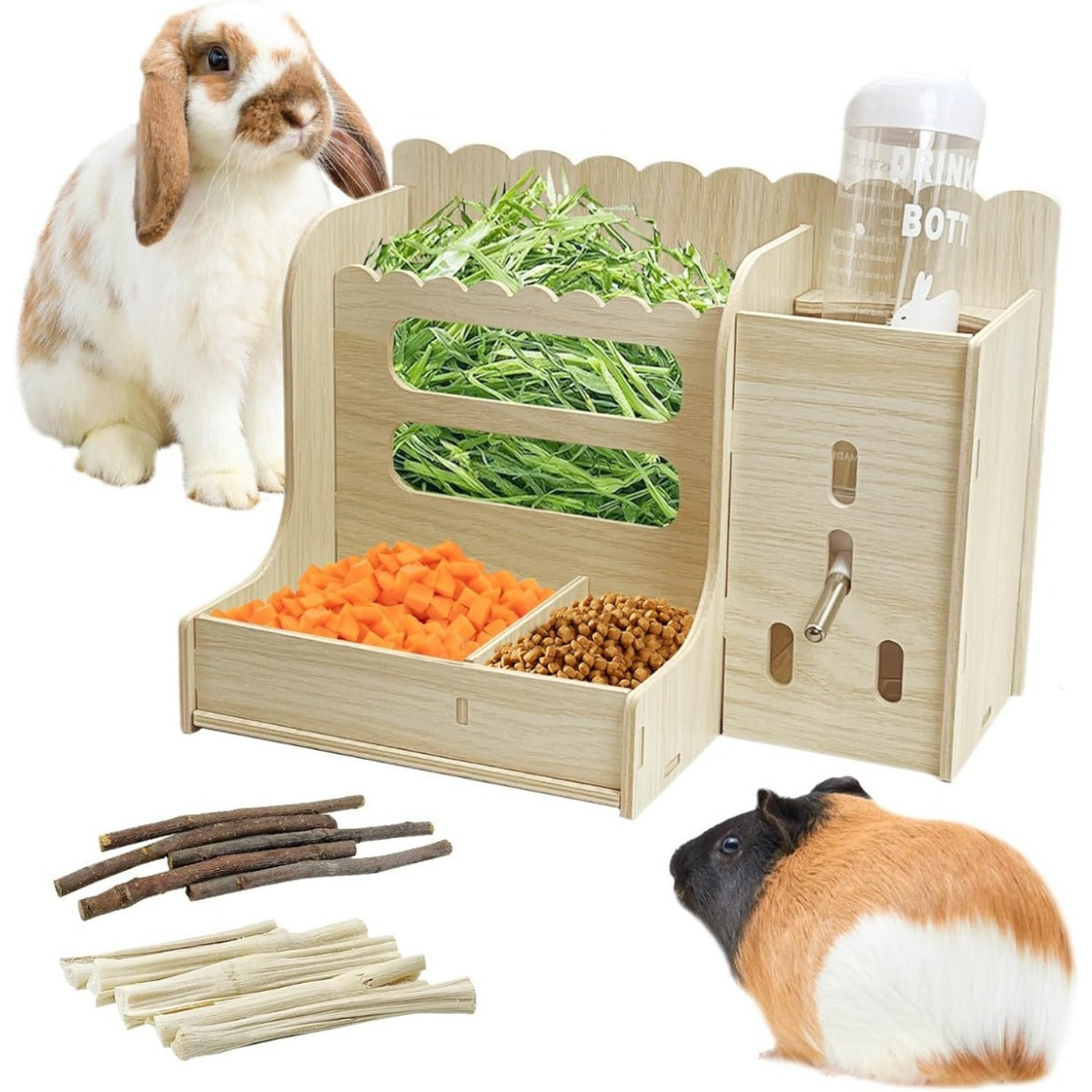 Hay Feeder Box for Rabbits & Guinea Pigs – Recycled Wood Multi-Compartment Dry Food Dispenser with Grass & Veggie Holders | Natural Wood Small Pet Feeding Station for Chinchillas & Small Animals