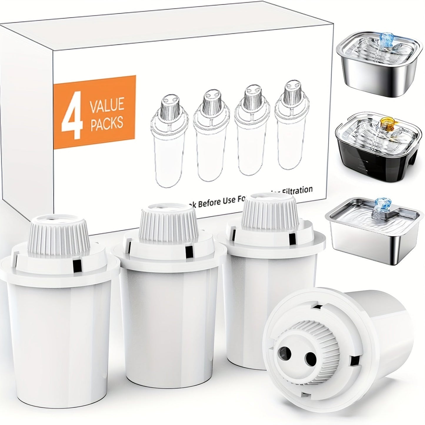 Pet Water Fountain Replacement Filter 4-Pack – 7-Layer Vertical Filtration + Silent Pump with Low-Water Red Light Alert, Fits D2341 D2223 D2322 D2340
