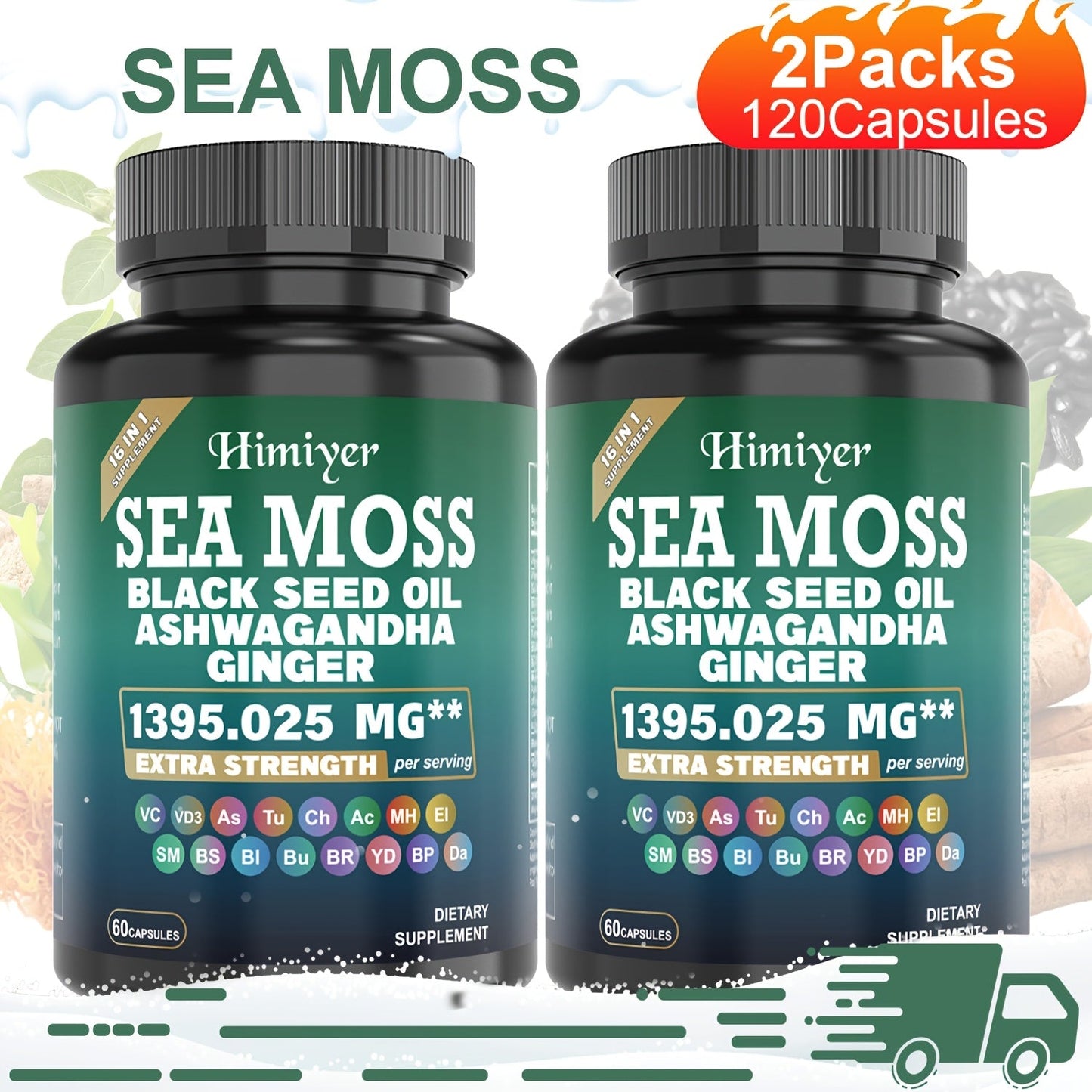 Sea Moss Ashwagandha Capsules 16-in-1 with Black Seed Oil Turmeric Cinnamon — Boosts Energy Immunity & Athletic Performance | 1395mg 20:1 Extract | Antioxidant Superfood Complex | 3-Pack