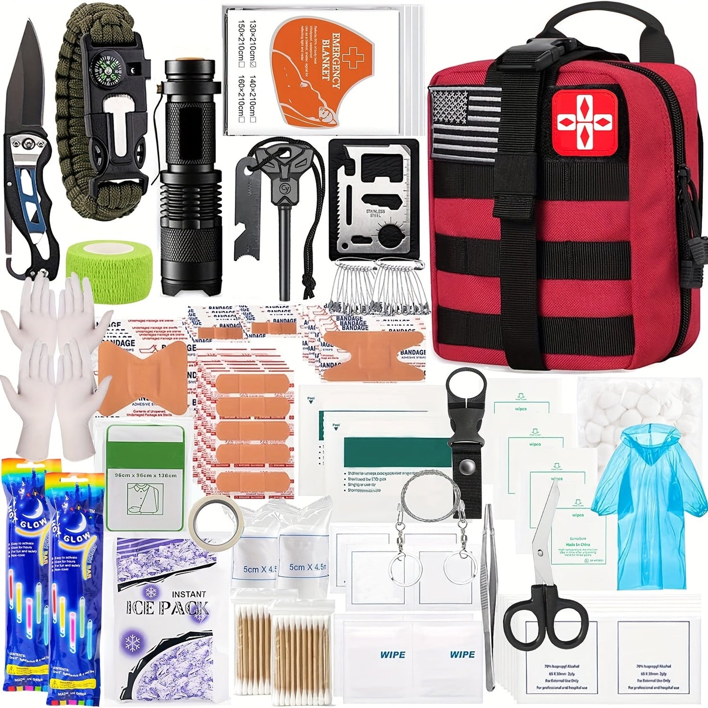 Survival Kit with Fire Starter & Compass – 14/152/258 Piece Outdoor Survival Gear Set for Camping, Hiking & Emergency | Perfect Gift for Men