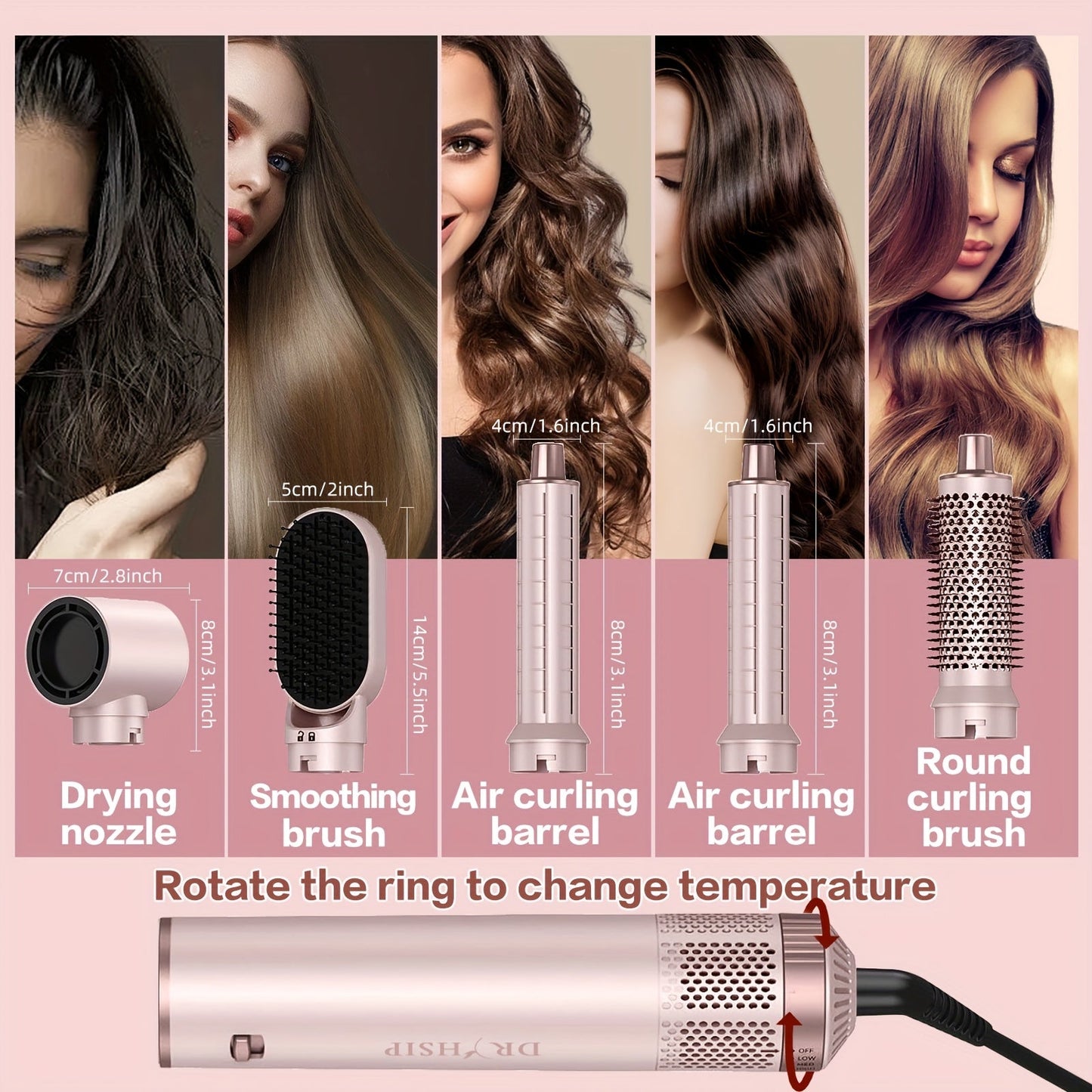 5-in-1 Hot Air Brush Negative Ion Hair Styler Blow Dryer Curler Straightener Volumizer Frizz Control Smooth Finish Multi-Function Styling Brush All Hair Types Women Black Grey Pink Salon Quality