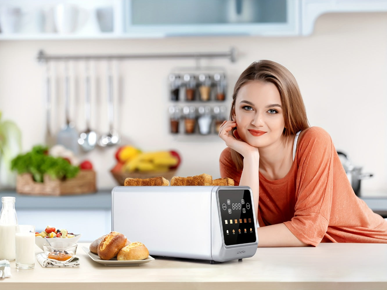 4-Slice Toaster Long Slot Stainless Steel – Touch Screen LED Display, 1.5" Wide Slots, Countdown Timer, Memory Function, Dual Control, 6 Shade Settings