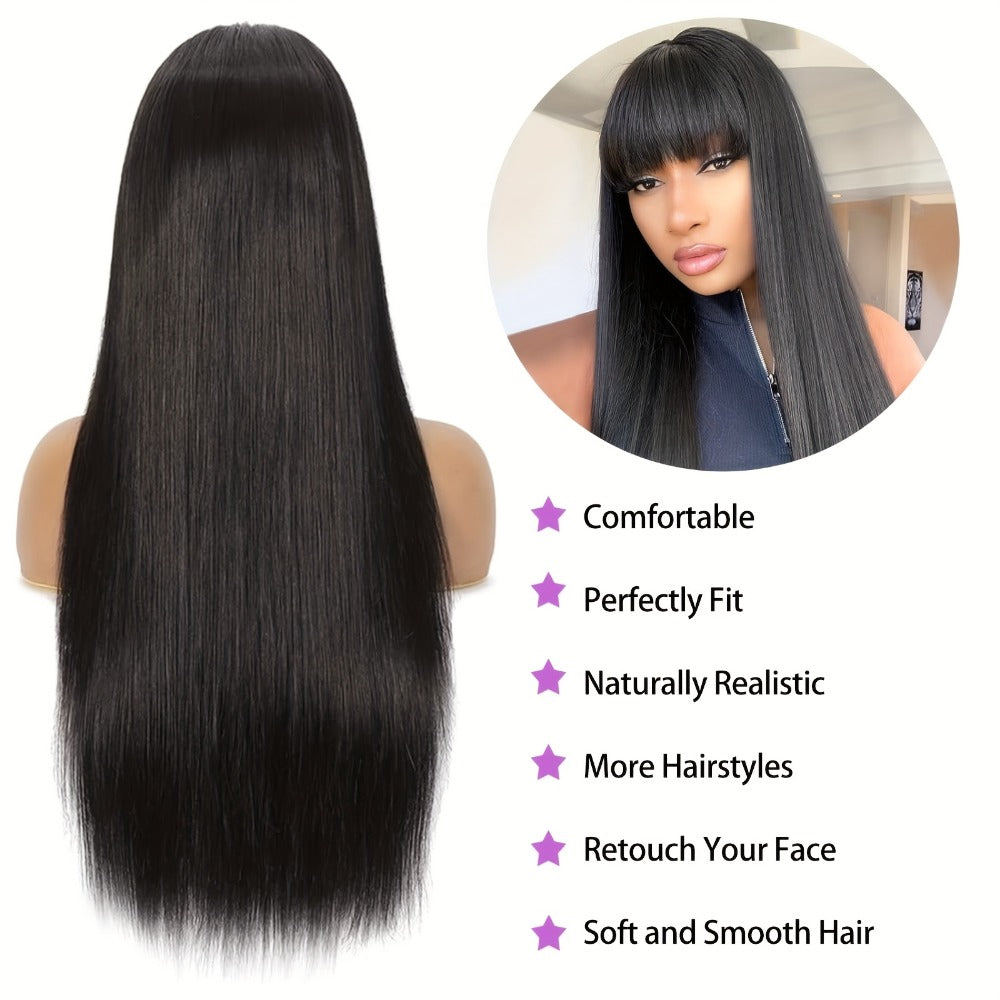 Sleek Black Straight Wig with Bangs 26 Inch Heat Resistant Synthetic Hair Full Machine Cap – Lightweight Long Wig for Women Cosplay Halloween Party Daily Wear Dramatic Look