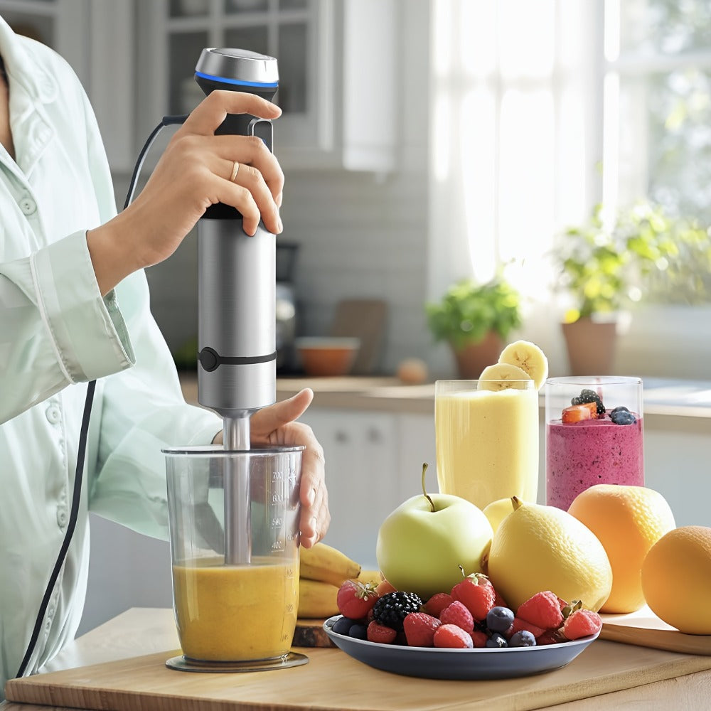 Immersion Blender 7-in-1 Hand Blender 1000W - 16-Speed Handheld Stick Blender with Stainless Steel Blade, 27oz Mixing Beaker, 20oz Chopper, Whisk & Milk Frother, for Soups, Smoothies & Baby Food