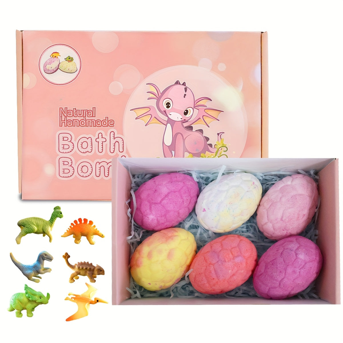 Dinosaur Bath Bombs Gift Set 6pcs Surprise Toy Inside Fizzy Bath Balls for Kids Boys Girls Fun Colorful Scented Birthday Christmas Easter Holiday Party Favor Gift Pink