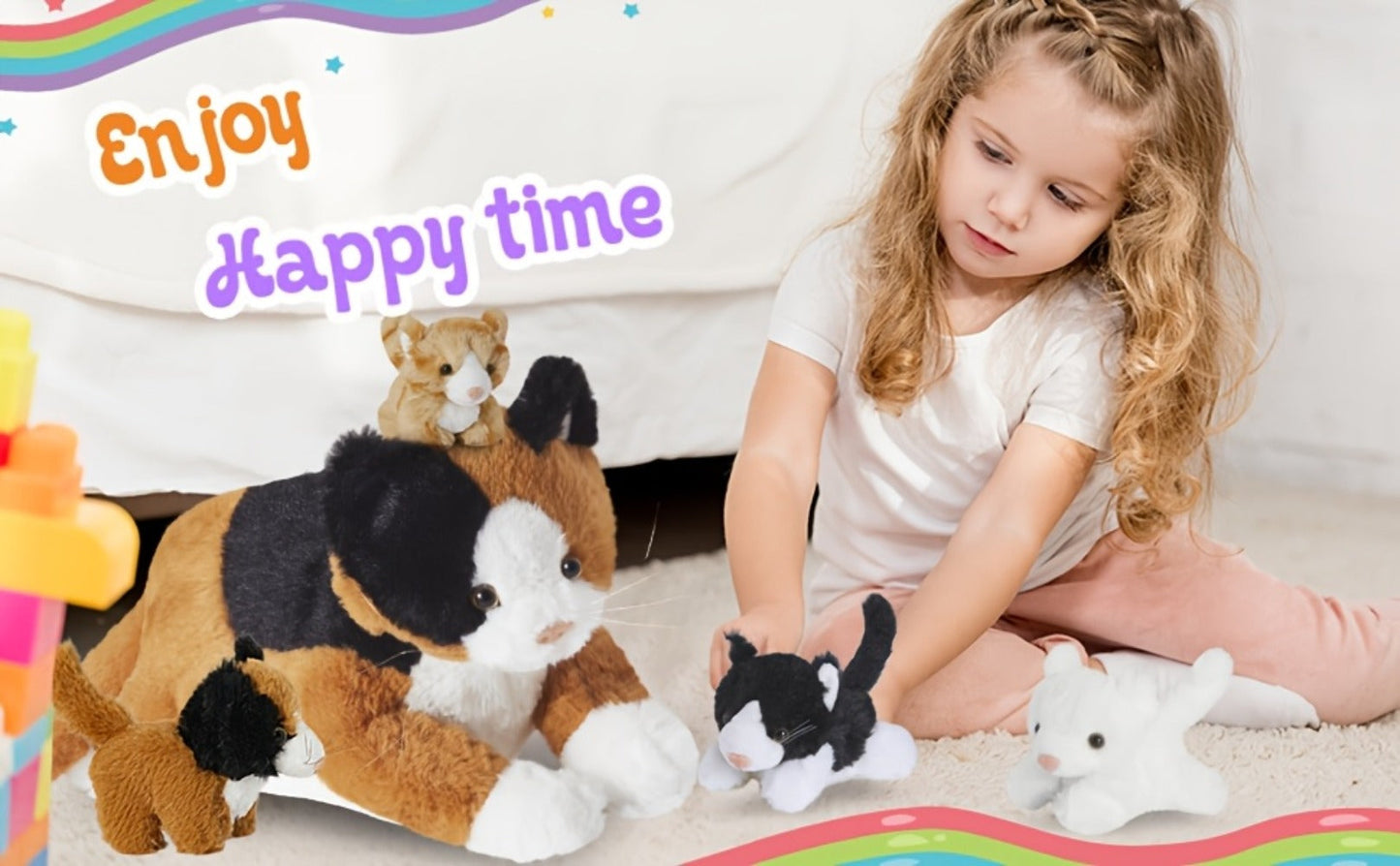 Cat Stuffed Animal Plush Set Mommy Cat with 4 Baby Kittens – Soft Cuddly Cat Family Toy Gift for Kids, Mother's Day Birthday Christmas Holiday Bed Sofa Decor