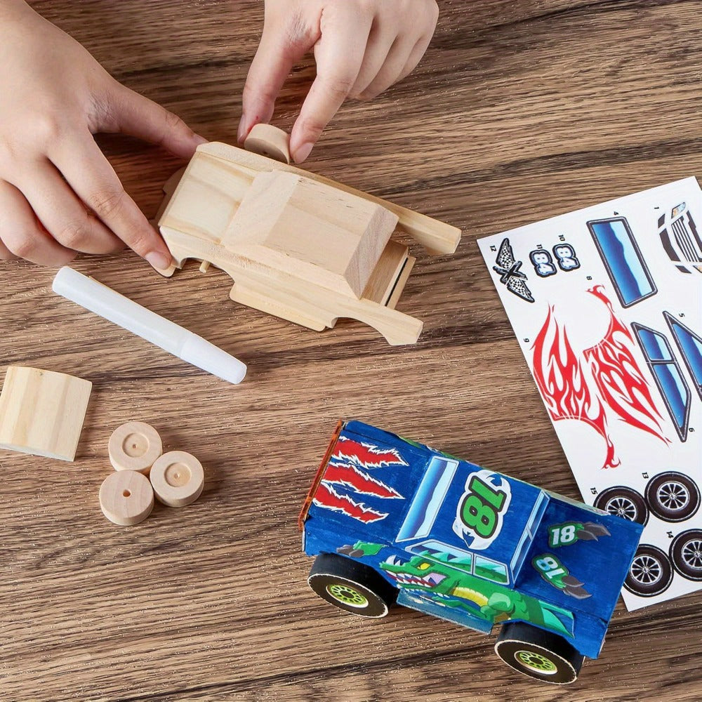 Build and Paint Wooden Vehicle Kit for Kids 144 Pieces – Race Car Motorcycle Monster Truck, 12 Colors 3 Brushes Racing Decals, STEM Craft Gift for Boys Ages 6 7 8 9 10