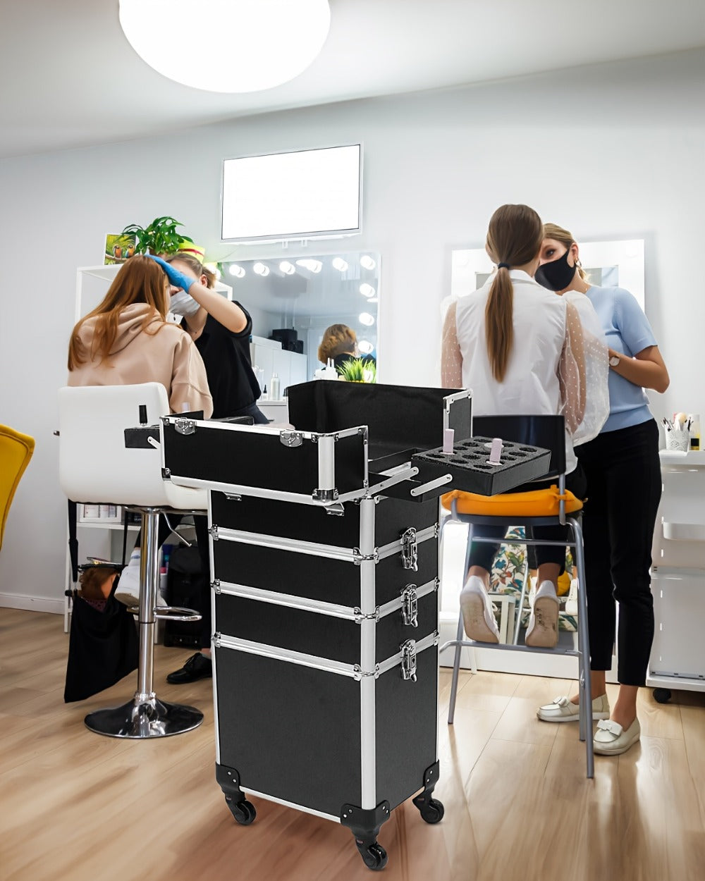 Rolling Makeup Train Case 4-in-1 Black Cosmetic Trolley with 360° Swivel Wheels & Makeup Sponges Set — Large Professional Salon Travel Beauty Organizer