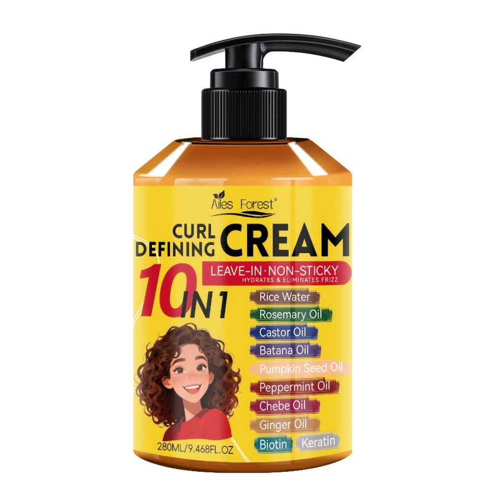 10-in-1 Leave-In Curl Defining Cream Anti-Frizz Deep Moisturizing Hydrating Conditioner — Non-Sticky Frizz Control Curl Enhancer for Wavy Curly Coily Natural Hair Unisex 280ml