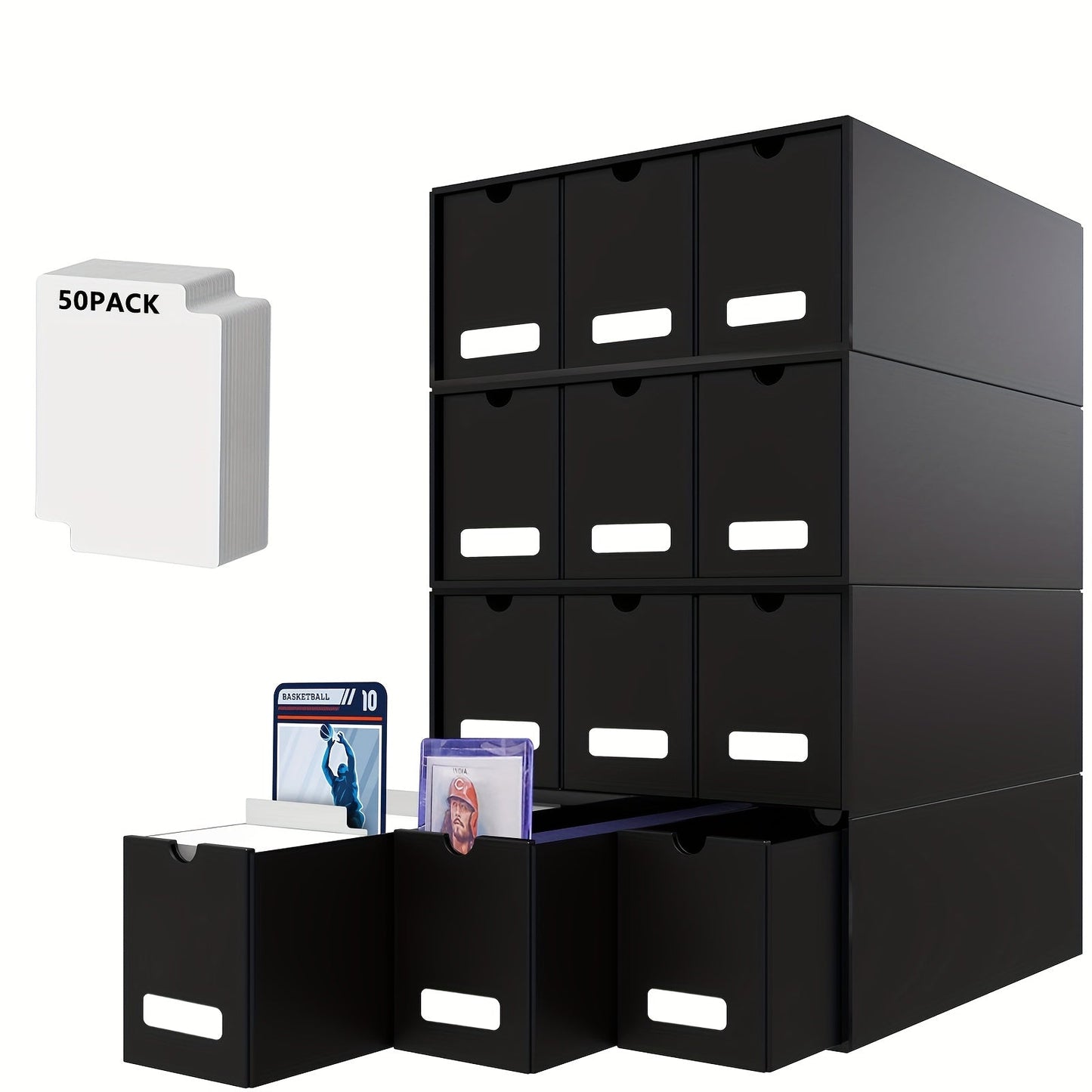 Trading Card Storage Box 12 Drawer with 80 Dividers – Card Organizer for Sports Cards Baseball TCG MTG Pokemon YuGiOh Playing Cards, Plastic Protector Case White Black