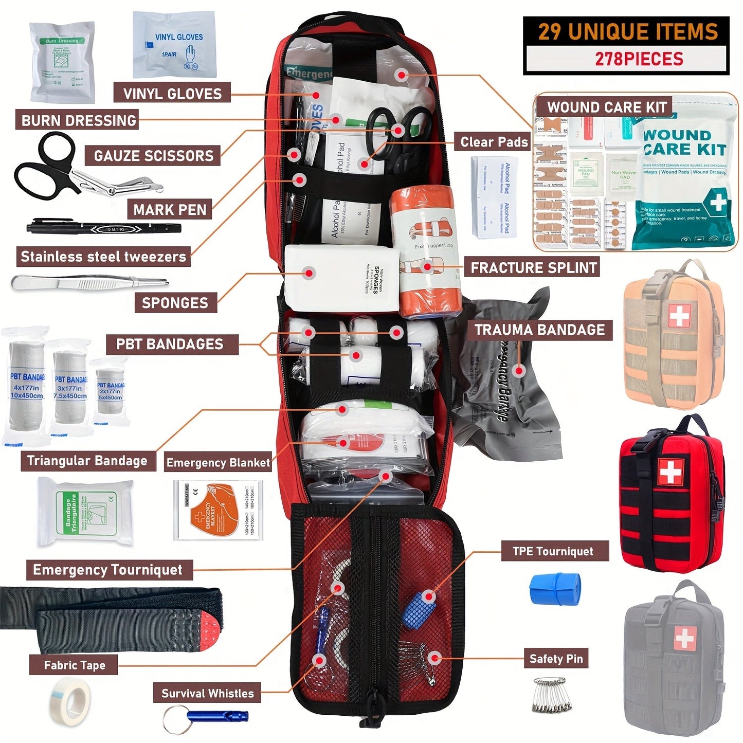 Tactical IFAK Kit 278 Piece Outdoor Emergency First Aid Set Hiking