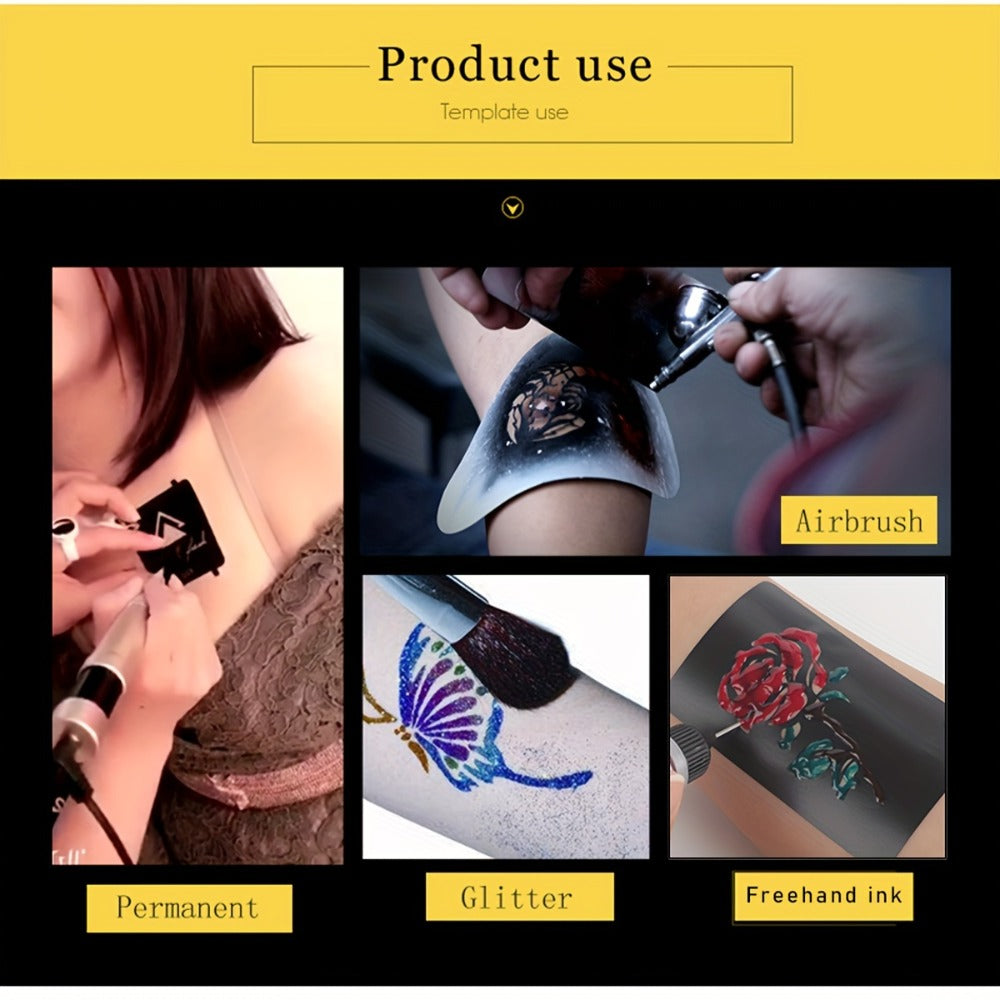 DIY Tattoo Stencils Set 12 Sheets Hollow Design Templates | Reusable Body Art Kit for Arm Ankle Ear Wrist | Waterproof Compatible with Juice Paste Freehand Ink Henna | Unisex Home Party Tattoo Kit