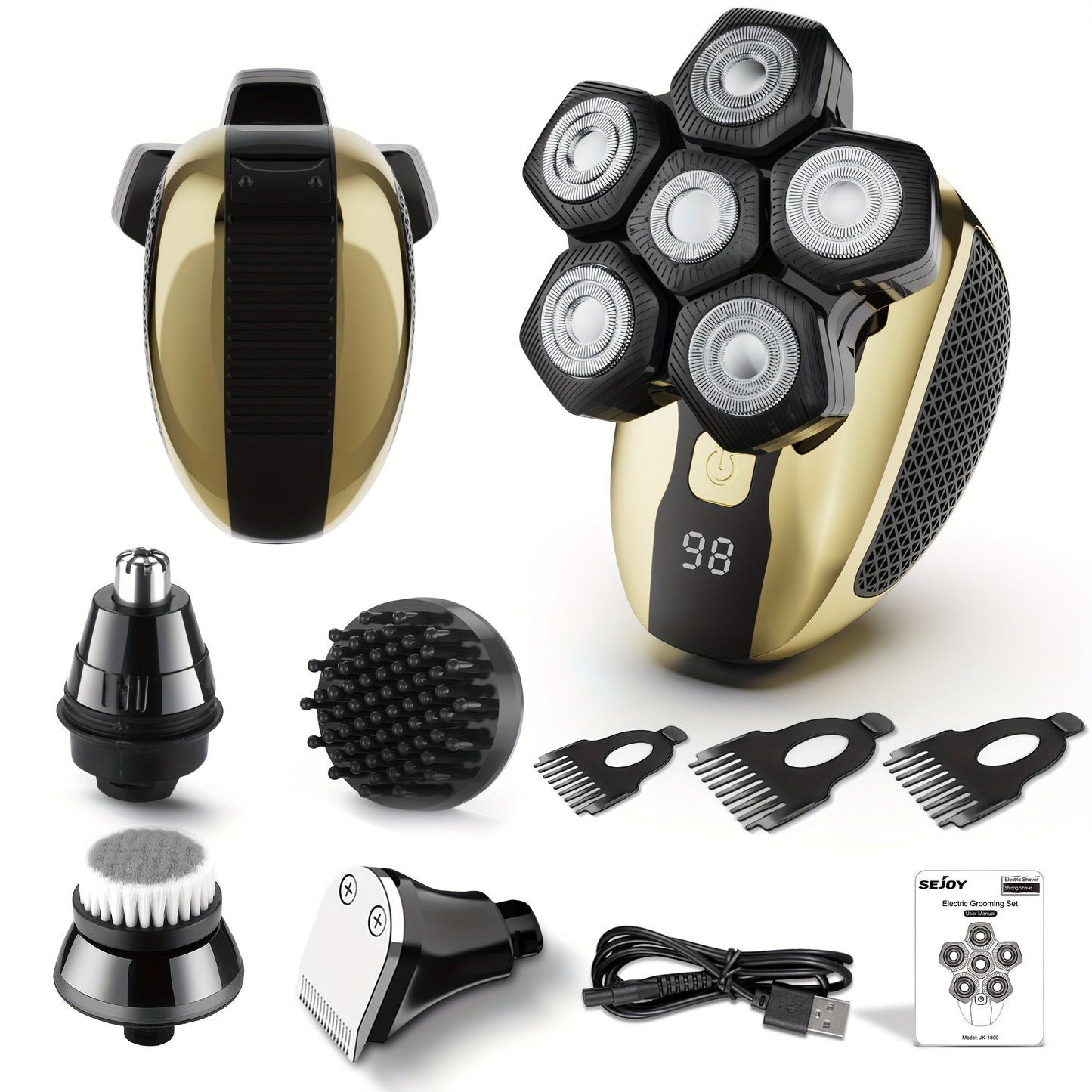 Electric Head Shaver for Bald Men 7D 7 Floating Heads — All-in-One Grooming Kit with Nose Hair Trimmer & Facial Cleaning Brush, 1.5H Fast Charging, Travel Lock, Rechargeable Men's Razor Gift Set (Blue/Black/Gold/Coffee)