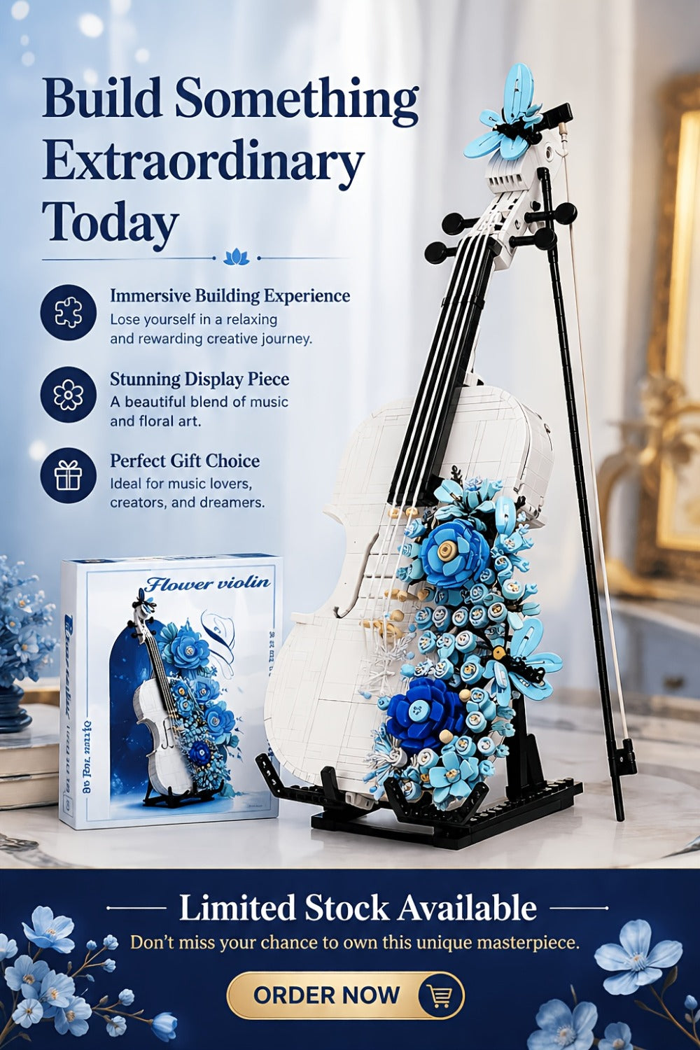 Flower Violin Building Block Set 1419pcs – 3D Musical Instrument Brick Model for Adults & Teens, Elegant Home Office Decor Display, Unique Birthday Father's Day Christmas Gift for Music Lovers