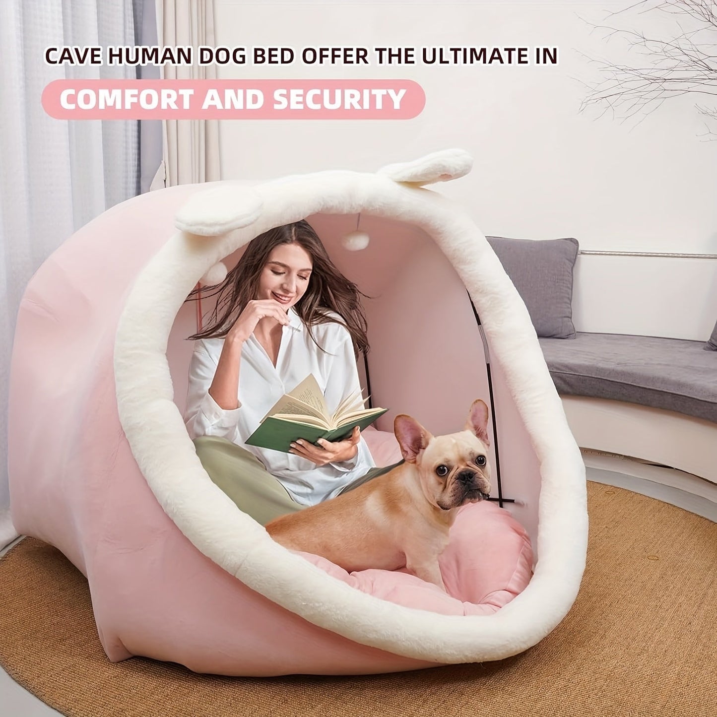 Human Dog Bed 51"x40"x30" Oversized Foldable Plush Washable Large Dog Bed with Super Soft Cushion for People & Pets, Giant Lounger Shared Bed for Large Dogs & Adults, Grey & Pink