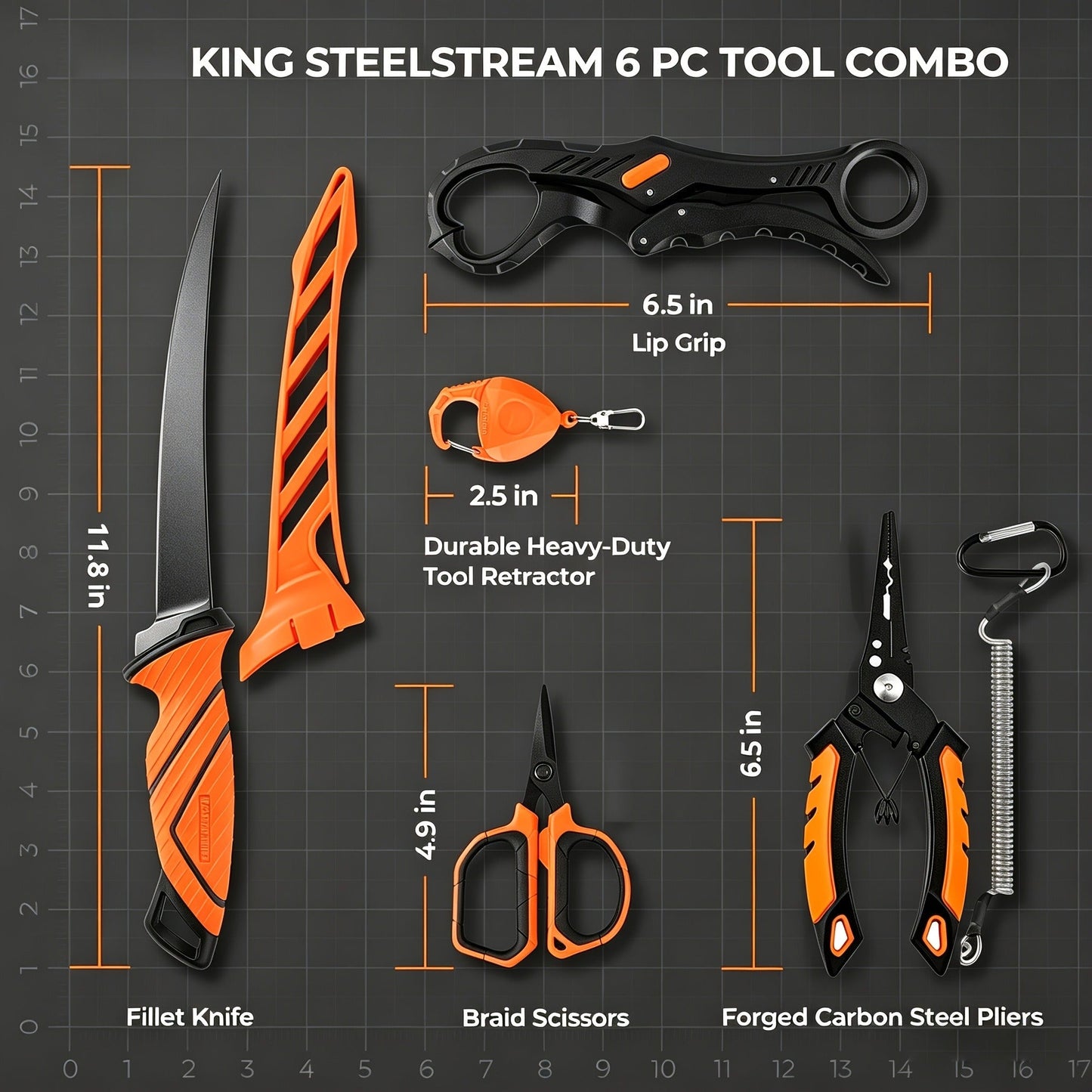 Fishing Tool Kit 6-Piece Corrosion Resistant Pliers Fillet Knife Fish Lip Gripper Braid Scissors Tool Retractor with Lanyard Fishing Gifts for Men