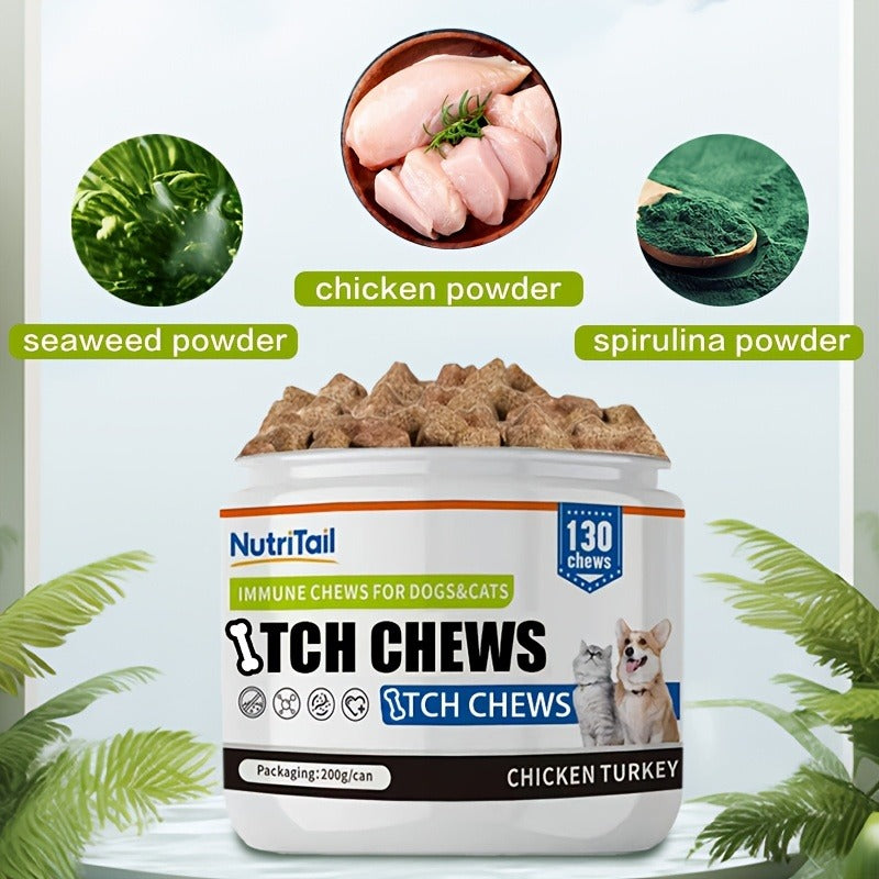Pet Soft Chews for Skin & Hair, Probiotics & Calming - 200g / 130 Chewable Tablets, Moisturizes Skin, Maintains Coat, Supports Gut Health & Quiet Moments, Suitable for Dogs & Cats All Breeds
