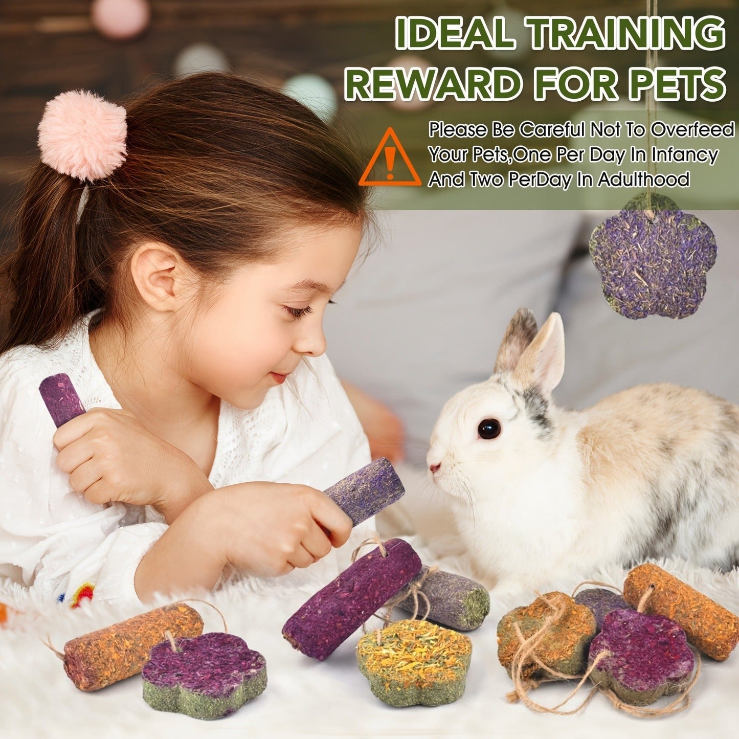 Rabbit Chew Sticks 24 PCS - Timothy Hay Molar Snack Toy with Carrot & Strawberry Flavors for Bunnies, Chinchillas, Guinea Pigs, Hamsters & Small Pets, Hanging Chew Cakes Included