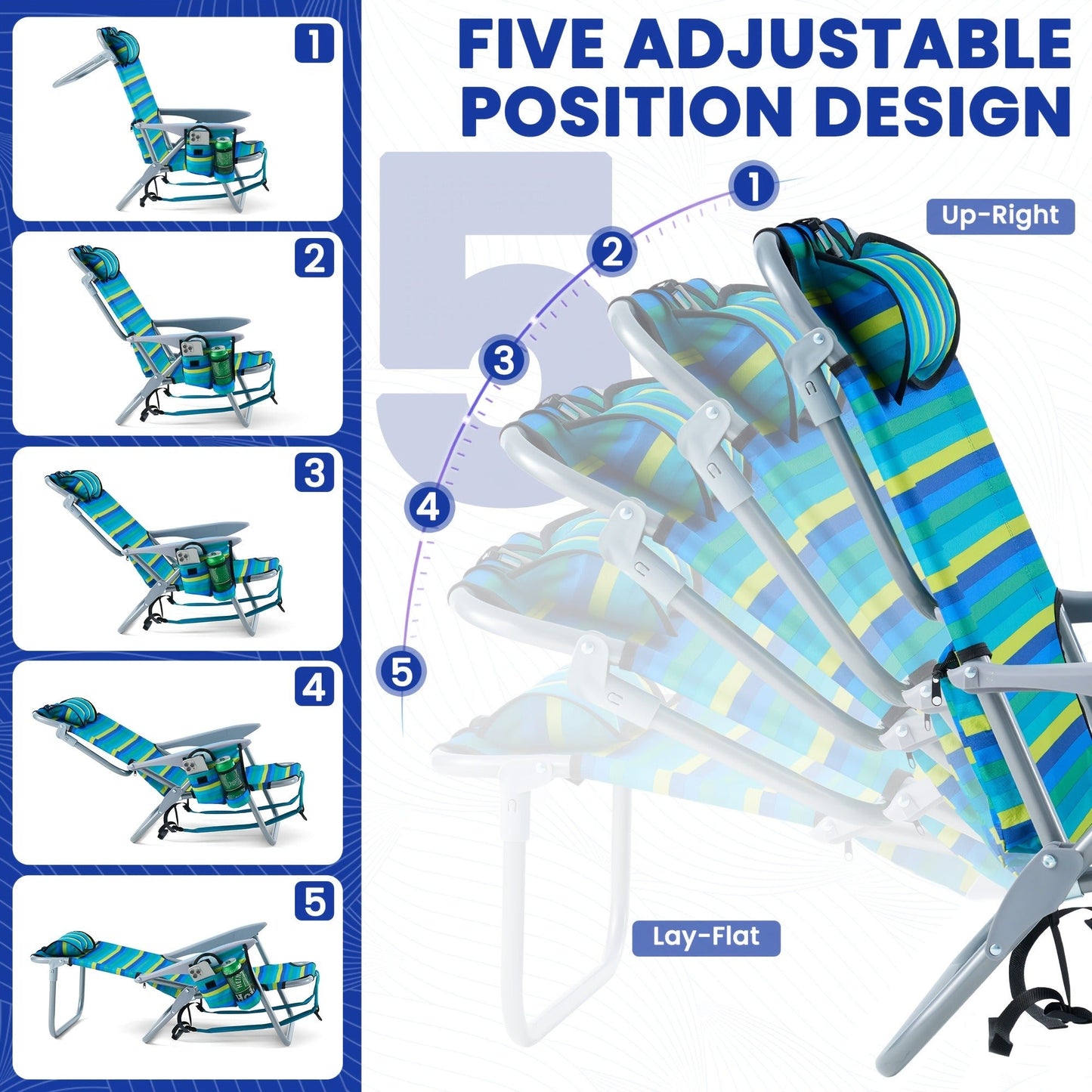 Folding Beach Chair Lay Flat Camping Chair for Adults 4 Position Adjustable Backpack Chair with Cup Holder Towel Bar Cooler Pouch Lightweight Portable Outdoor Lounge Chair