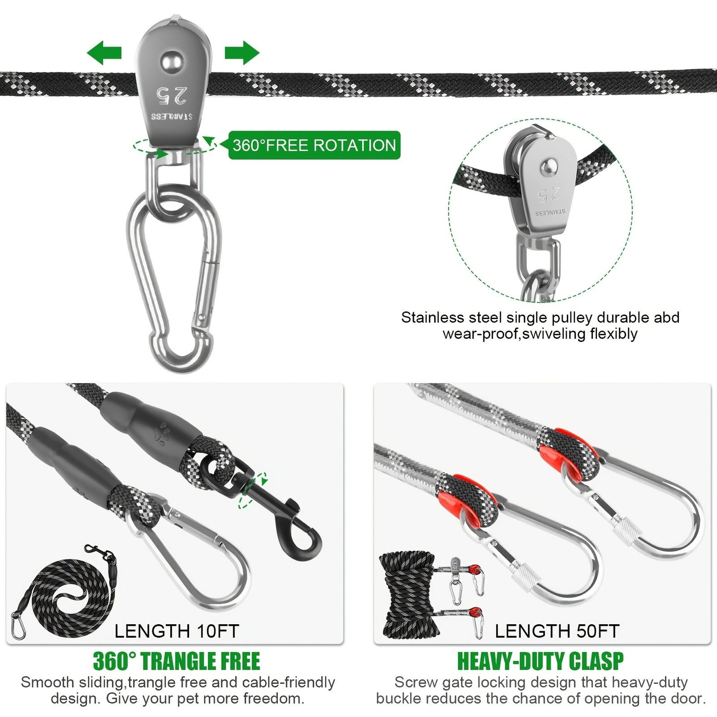 Overhead Dog Trolley System 75ft - Heavy Duty Reflective Cable Runner, Supports Up to 200lbs, Portable Easy Setup for Yard, Park, Camping & Hiking, Black & Blue, Outdoor Dog Run