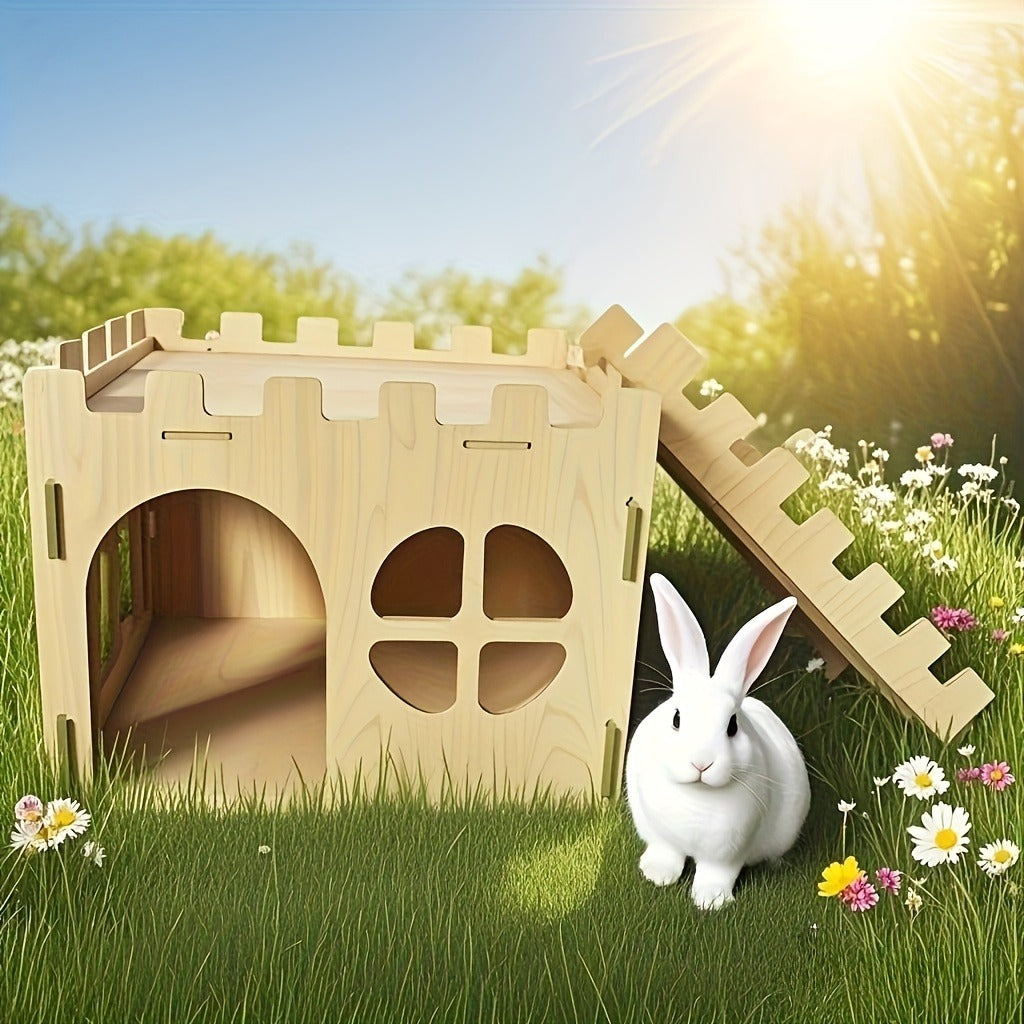 Wooden Rabbit Castle House – Detachable Solid Wood Hideout for Rabbits, Hamsters & Small Pets | Creative Splicing Toy Nest Playhouse