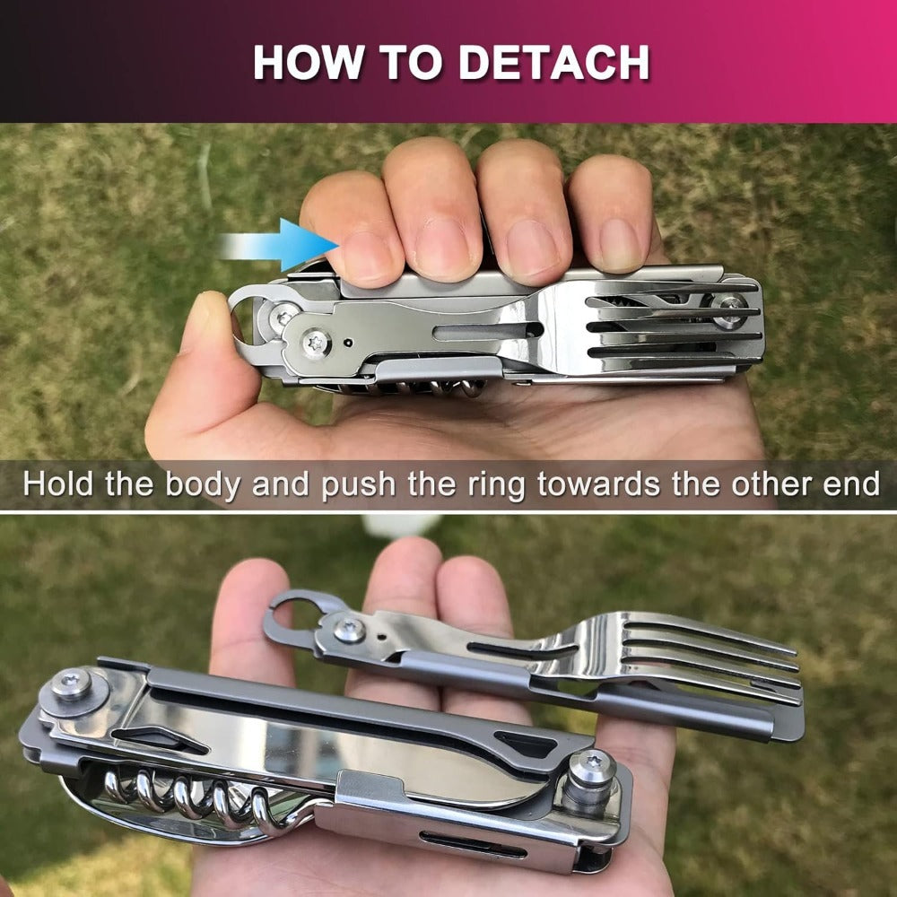 Portable Travel Cutlery Set – Removable Spoon, Fork & Knife with Bottle Opener – Compact Stainless Steel Utensils for Camping, Hiking, Picnic & Everyday Carry, Silver