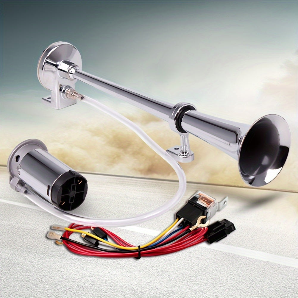 ALLREY 12V Air Horn Kit, Super Loud 18 Inches Single Trumpet Truck Horn, Train Horn with Compressor for Any 12V Vehicles Silvery Black