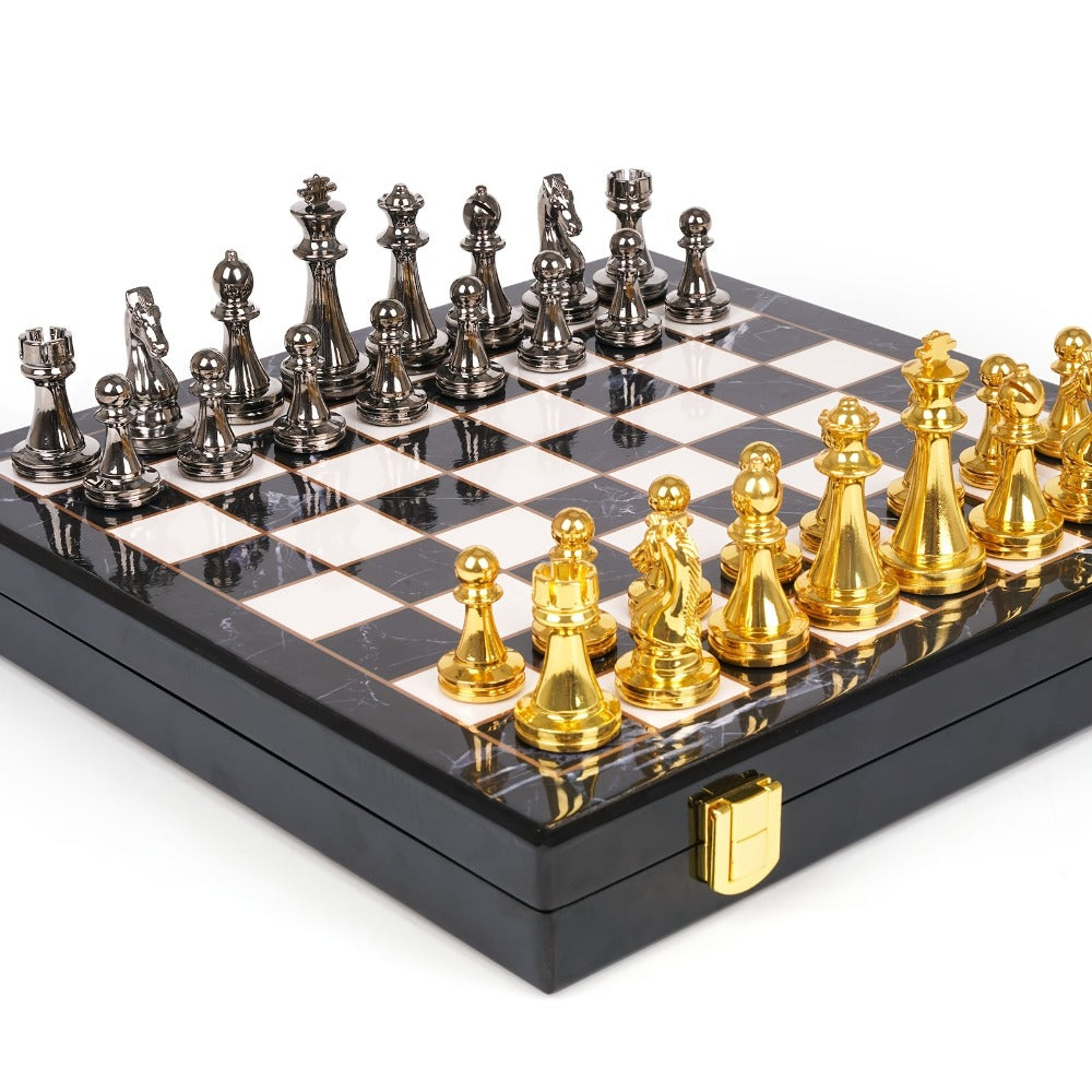Luxury Metal Chess Set with Marble Board – Zinc Alloy Gunmetal & Gold Pieces Extra Queens 11.5" Elegant Chessboard Gift for Adults Beginners Home Office Decor