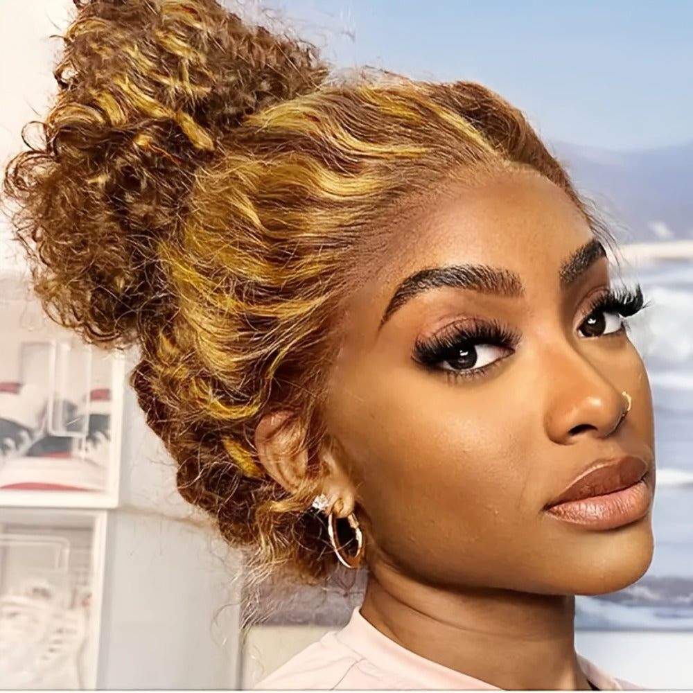 HD Lace Front Wig Honey Blonde Deep Wave 28 Inch – 200% Density P4/27 Ombre Highlight Long Curly Wavy, Pre Plucked Glueless Ready to Wear Synthetic Wig for Women, Party & Daily Use