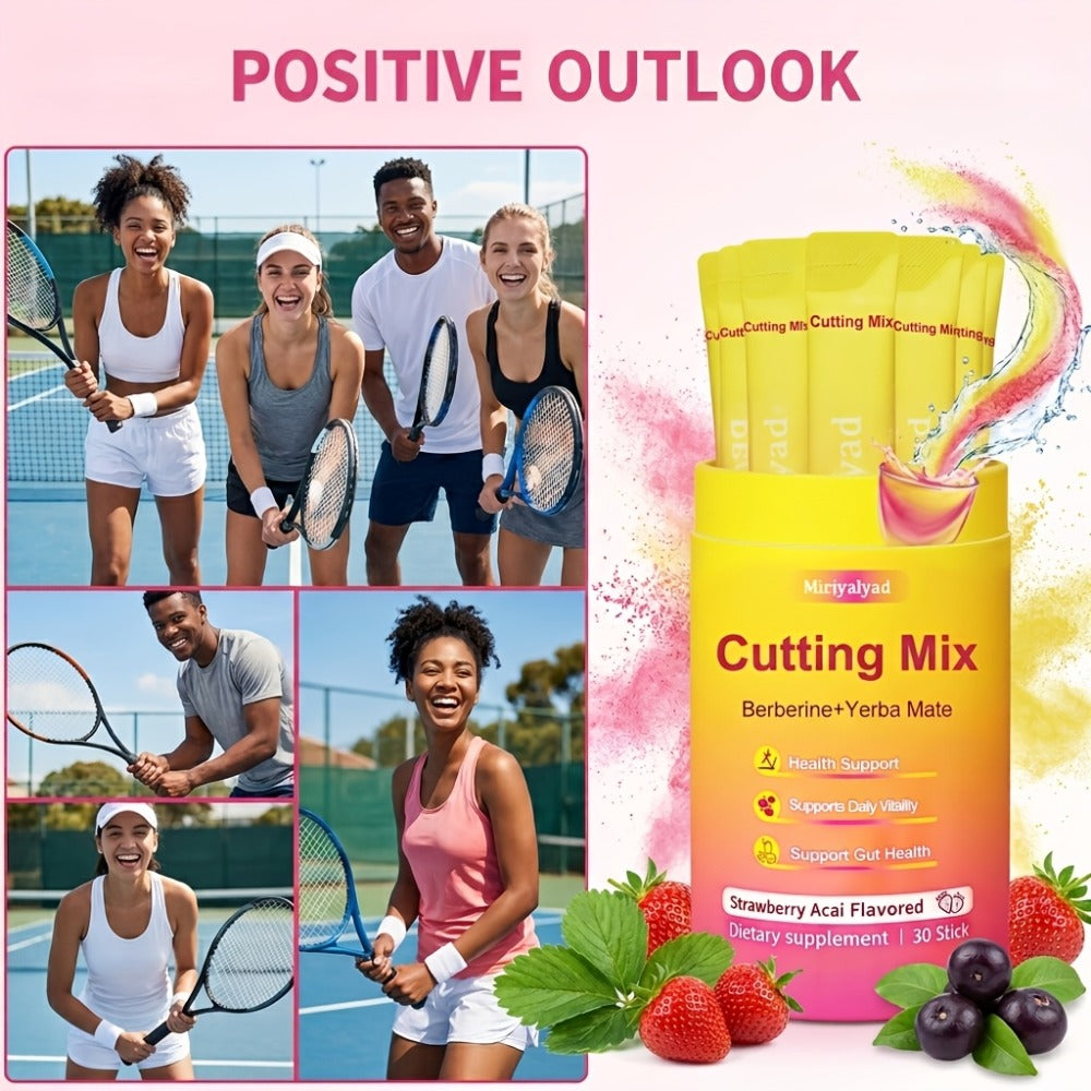 Berberine Supplement Sticks with Yerba Mate — Strawberry Acai Flavor Vegan Cutting Mix | Natural Metabolism Blood Sugar & Energy Support | Gluten-Free Dairy-Free | 30 Stick Packs Per Bottle