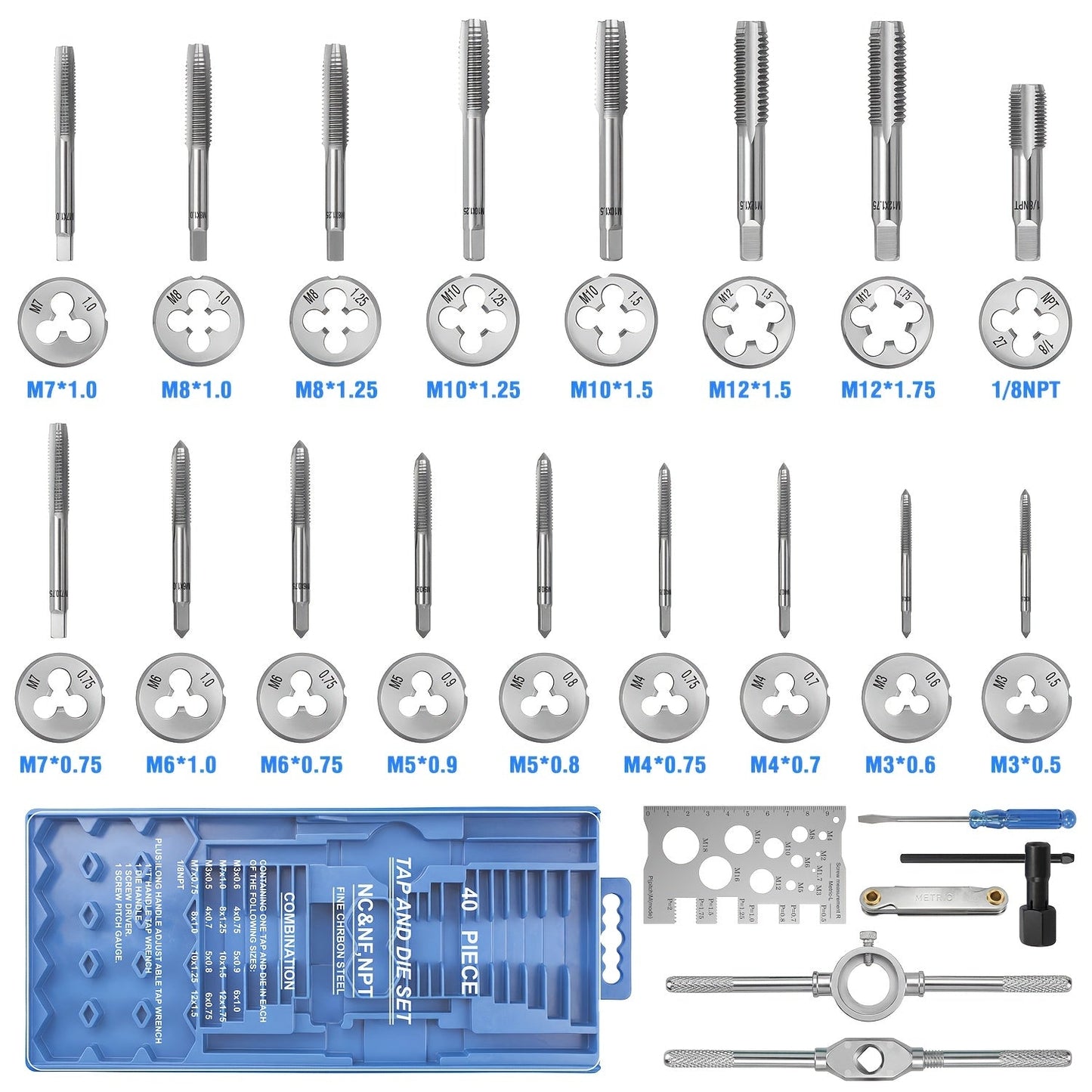Tap and Die Set Metric – 12-Piece & 40-Piece M3-M12 Thread Plug Straight Taper with Pitch Calipers & Wrench, Internal & External Threading Tool Kit for Metal, DIY & Home Repair