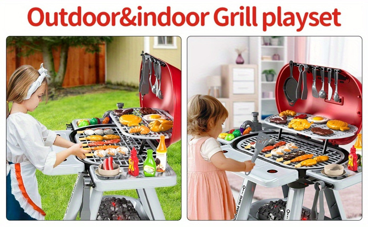 Kids BBQ Grill Playset Two-Tier with Toy Food Meats Fruits Spices & Working Water Tap – Pretend Play Outdoor Cooking Toy for Girls Boys Ages 3+ | Best Birthday Christmas Gift