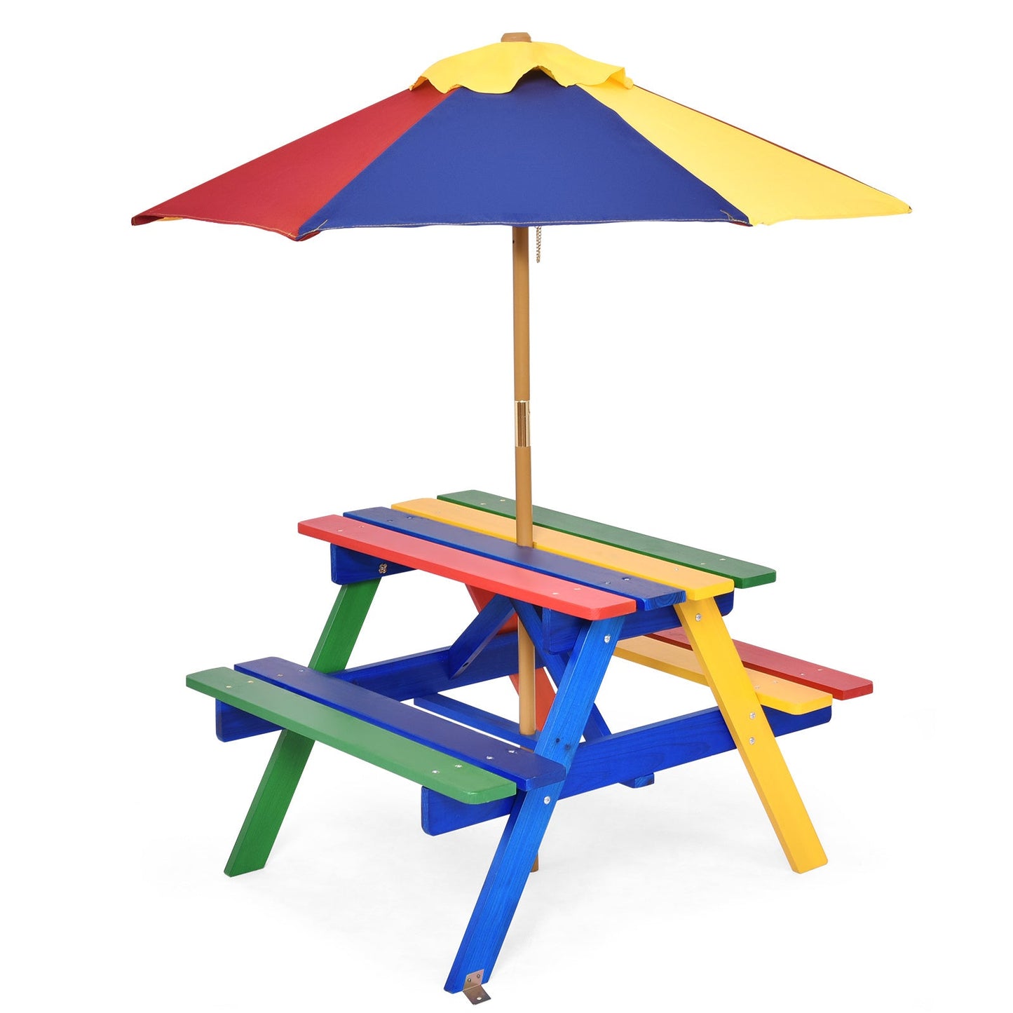 Kids Picnic Table Set with Umbrella Wood Table Bench Set for Toddlers Seats 4 Children Indoor Outdoor Backyard Rainbow Design Birthday Christmas Gift Boys Girls