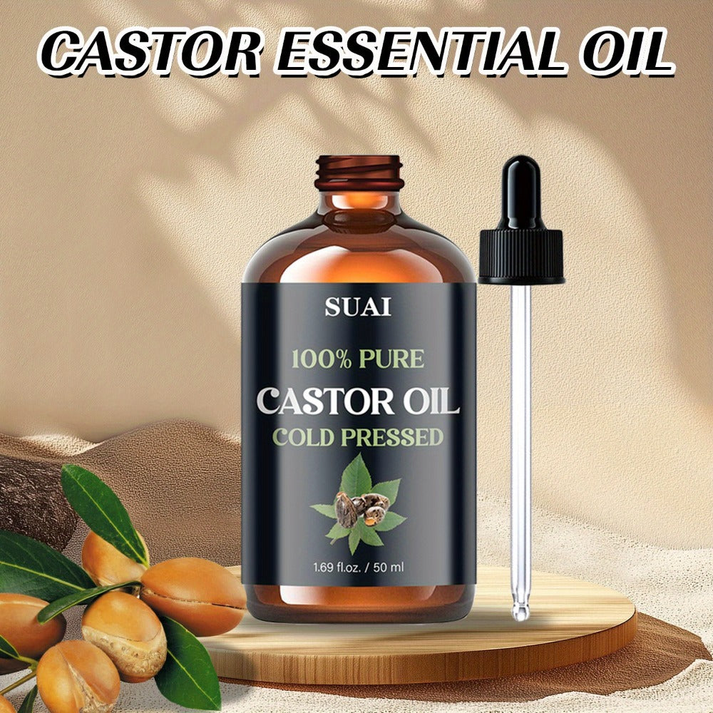 Castor Oil 100% Pure Cold Pressed 1.69oz — Hypoallergenic Multi-Use Oil for Hair Growth Eyebrow Eyelash Thickening Skin Moisturizing Nail Cuticle Care Plant Extract Women Men All Skin Types