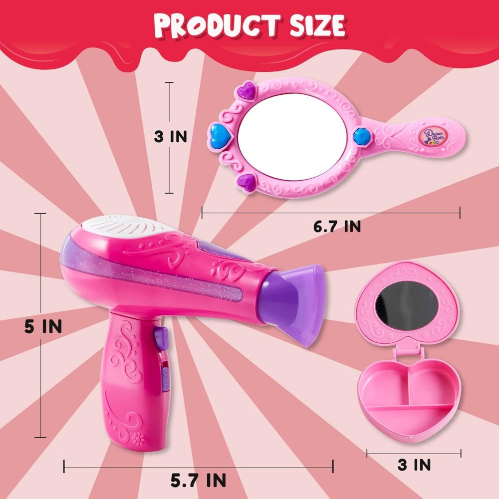 Girls Beauty Salon Toy Set 17 PCS – Pretend Play Hair Stylist Kit with Working Hairdryer Mirror Curling Wands Combs Clips & Jewelry Box | Princess Hair Dresser Toy for Girls Ages 3+ | Best Birthday Christmas Gift