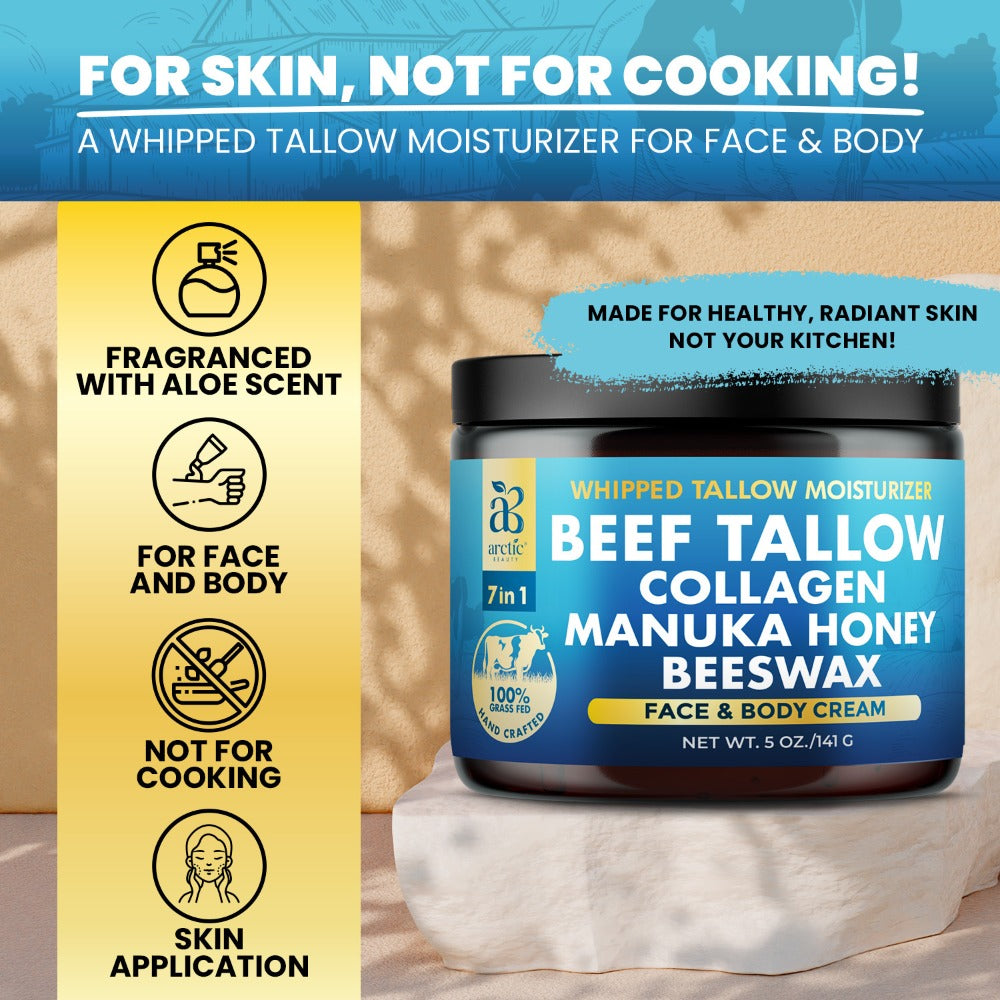 Whipped Beef Tallow Moisturizer - Organic Grass-Fed Face & Body Cream with Manuka Honey, Jojoba Oil, Collagen & Aloe Vera, All-in-One Natural Skincare for All Skin Types