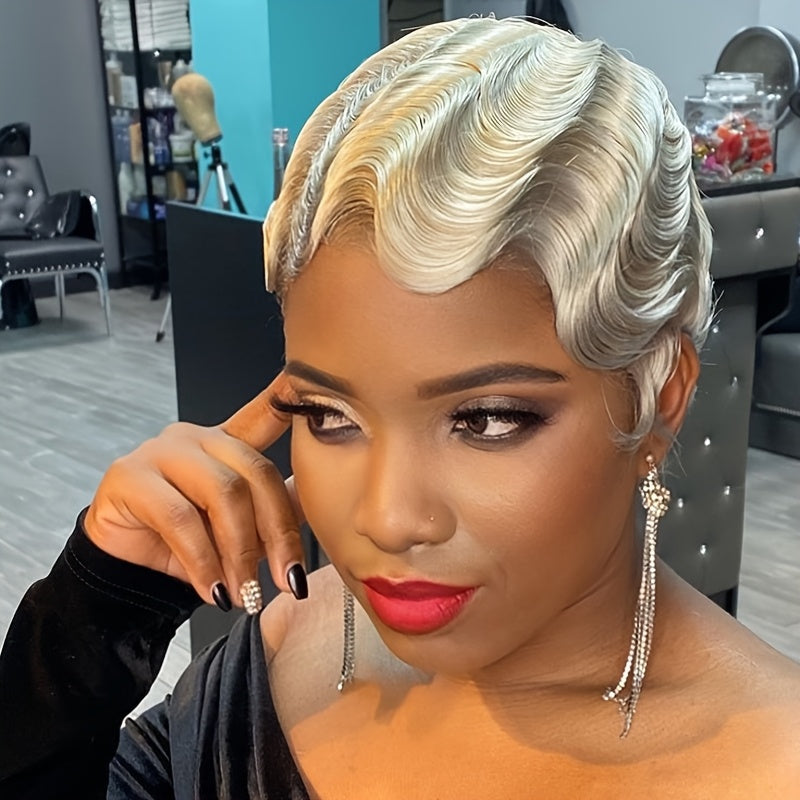 Short Human Hair Pixie Cut Wig Finger Wave Deep Ocean Wave Brazilian Virgin 180% Density Rose Net Cap 1B 613 Blonde Women Party Daily Wear