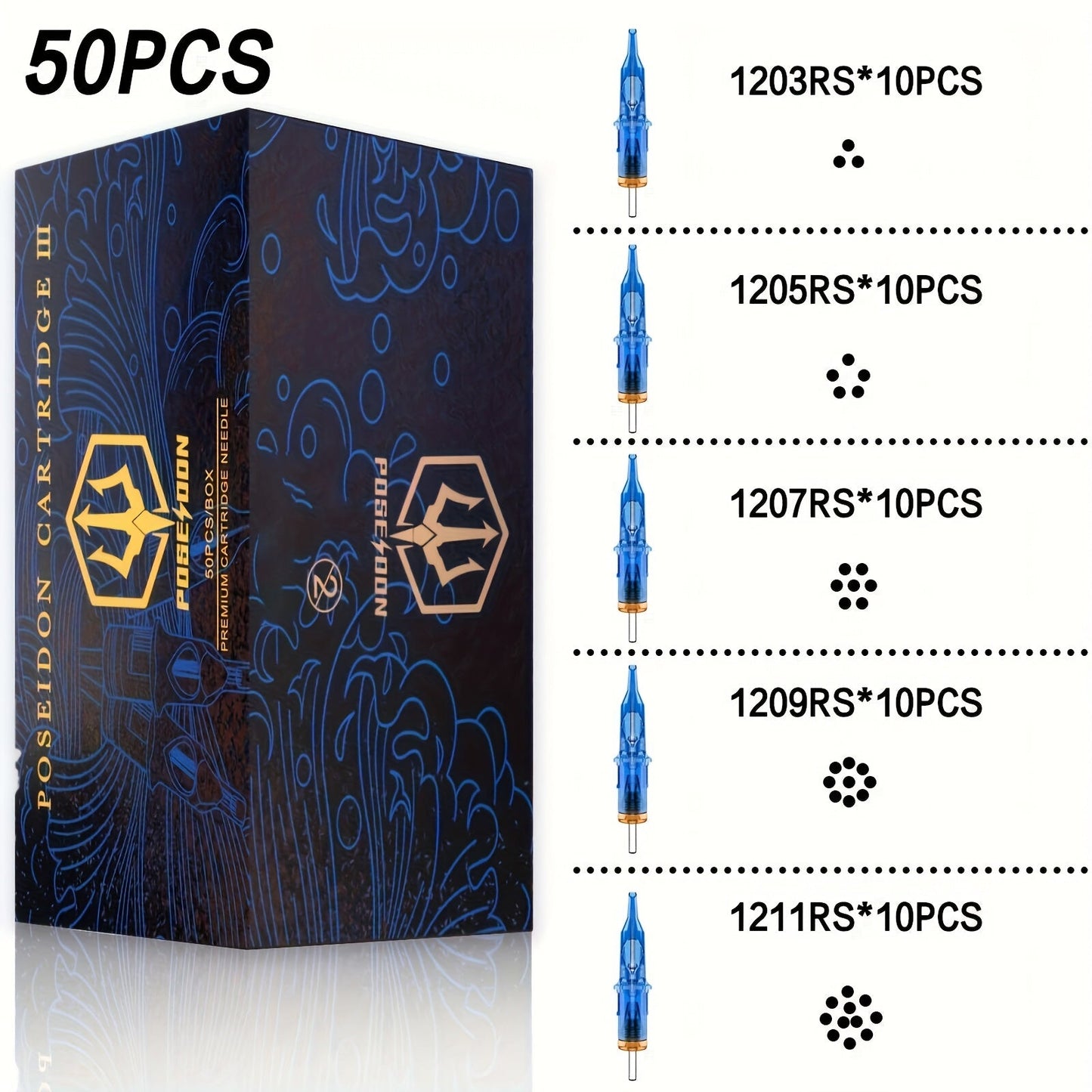 Tattoo Cartridge Needles 50pcs Mixed Assorted Sizes POSEIDON V3 with Membrane Safety Cartridges — Sterile Stainless Steel RL RS RM for Tattoo Machine Pen