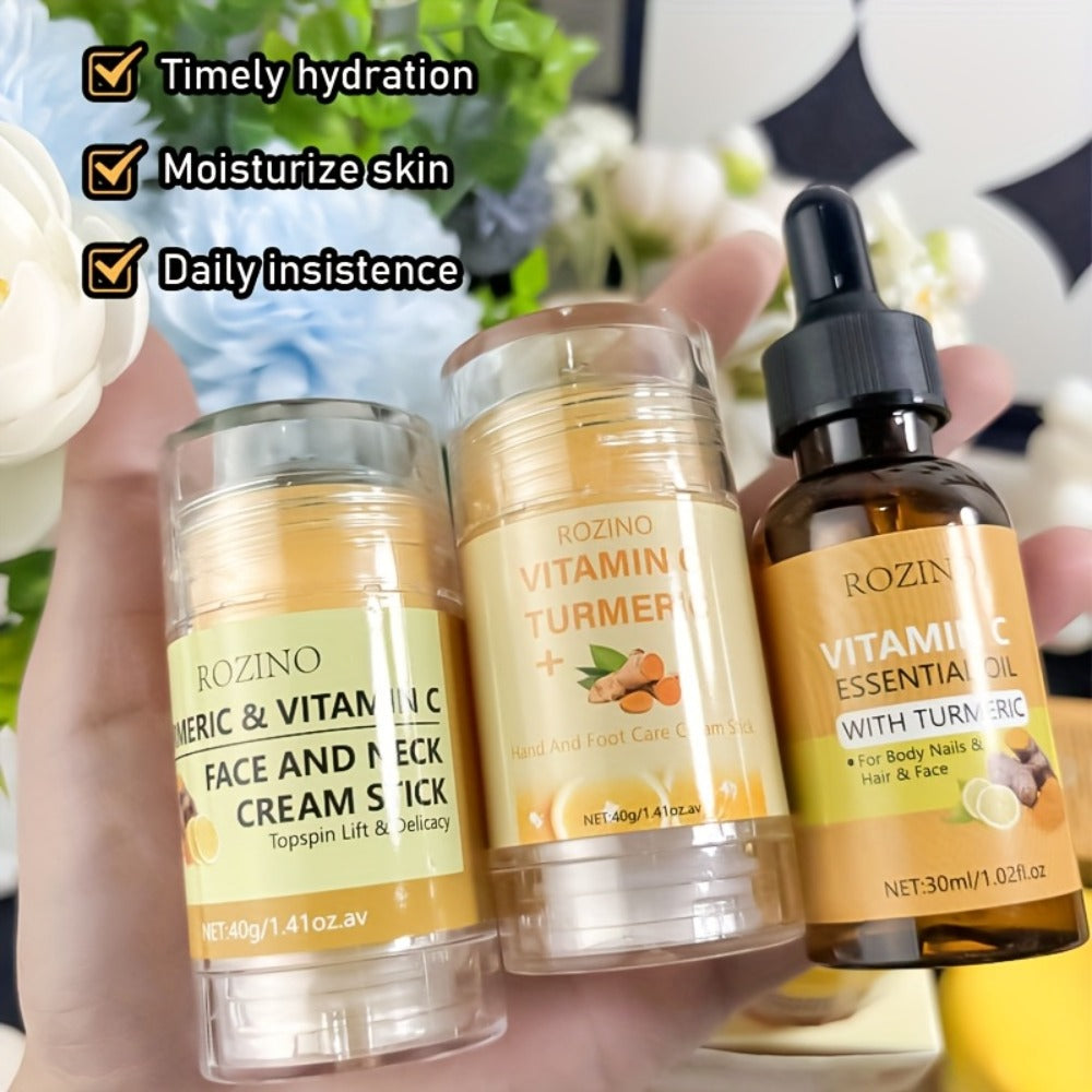 Turmeric Vitamin C Body Care Set 5pcs — Brightening Hydrating Moisturizing Cream for Face, Hands & Feet, Instant Plumping Softening Smoothing Skincare Gift Set for Women