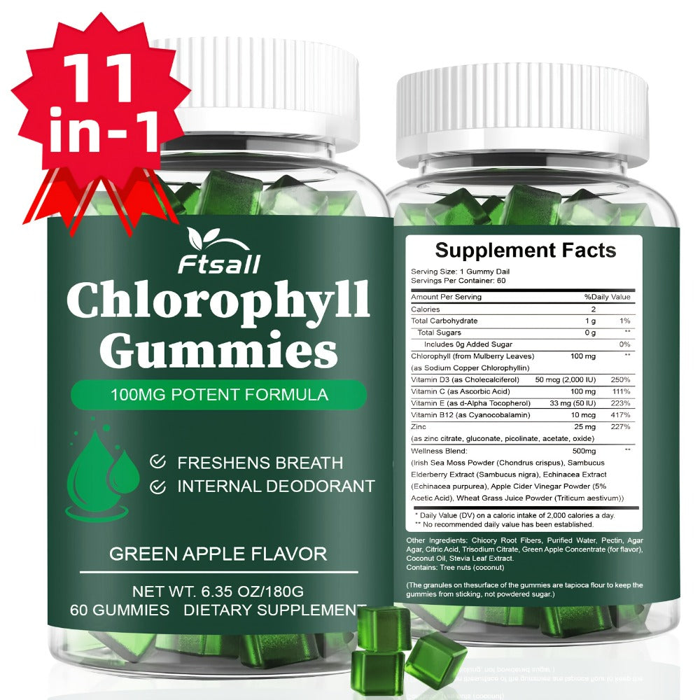 Chlorophyll Gummies 60 Count with Vitamin C D3 E B12 Zinc Irish Sea Moss Elderberry Echinacea & Apple Cider Vinegar — Fresh Breath Body Deodorising Supplement for Women & Men