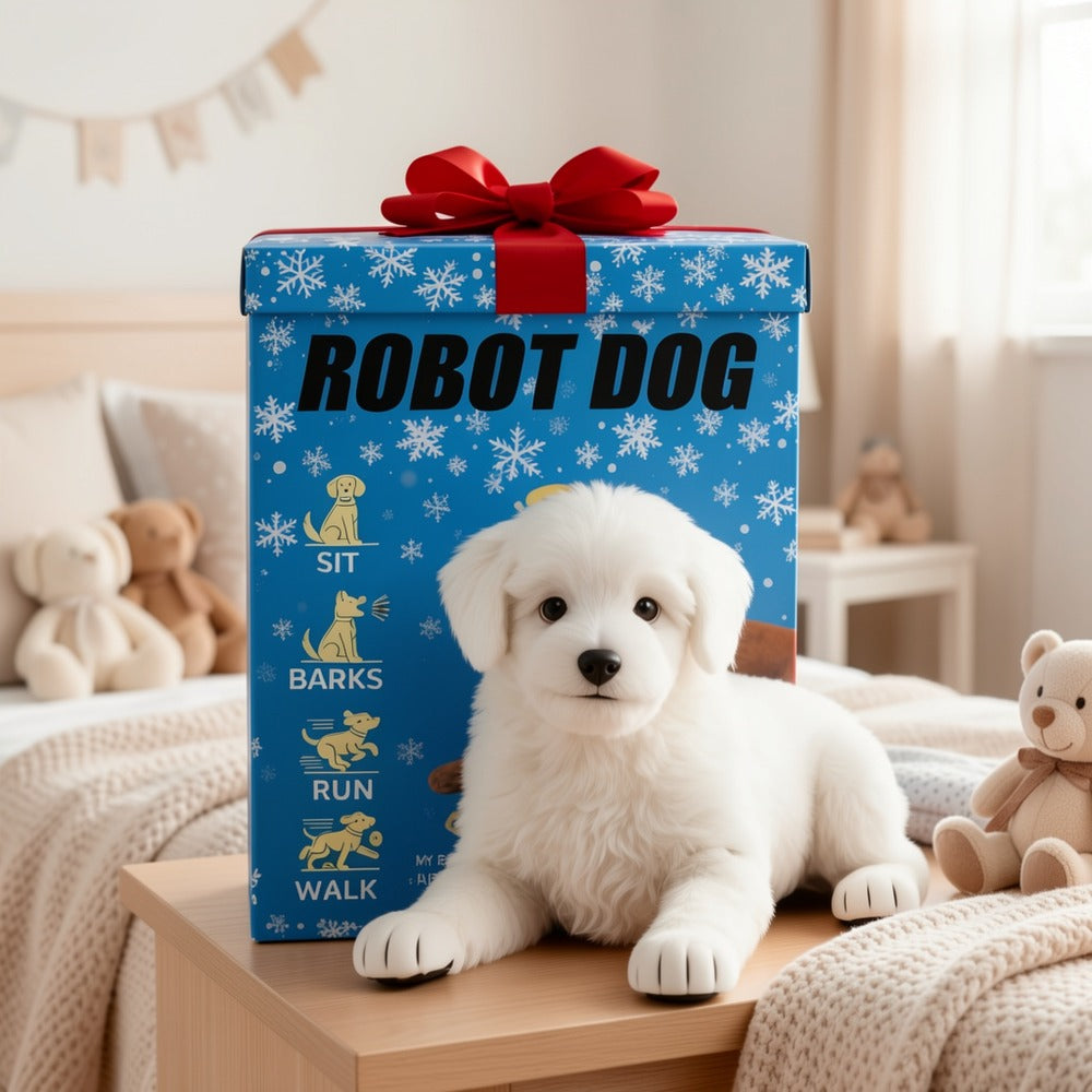 Walking Barking Robot Puppy Gift Set – Interactive Electronic Dog Toy with Realistic Sounds Soft Slow-Rebound Plush Filler White Gift Box, Best Birthday Christmas Gift for Kids Boys Girls Ages 3+