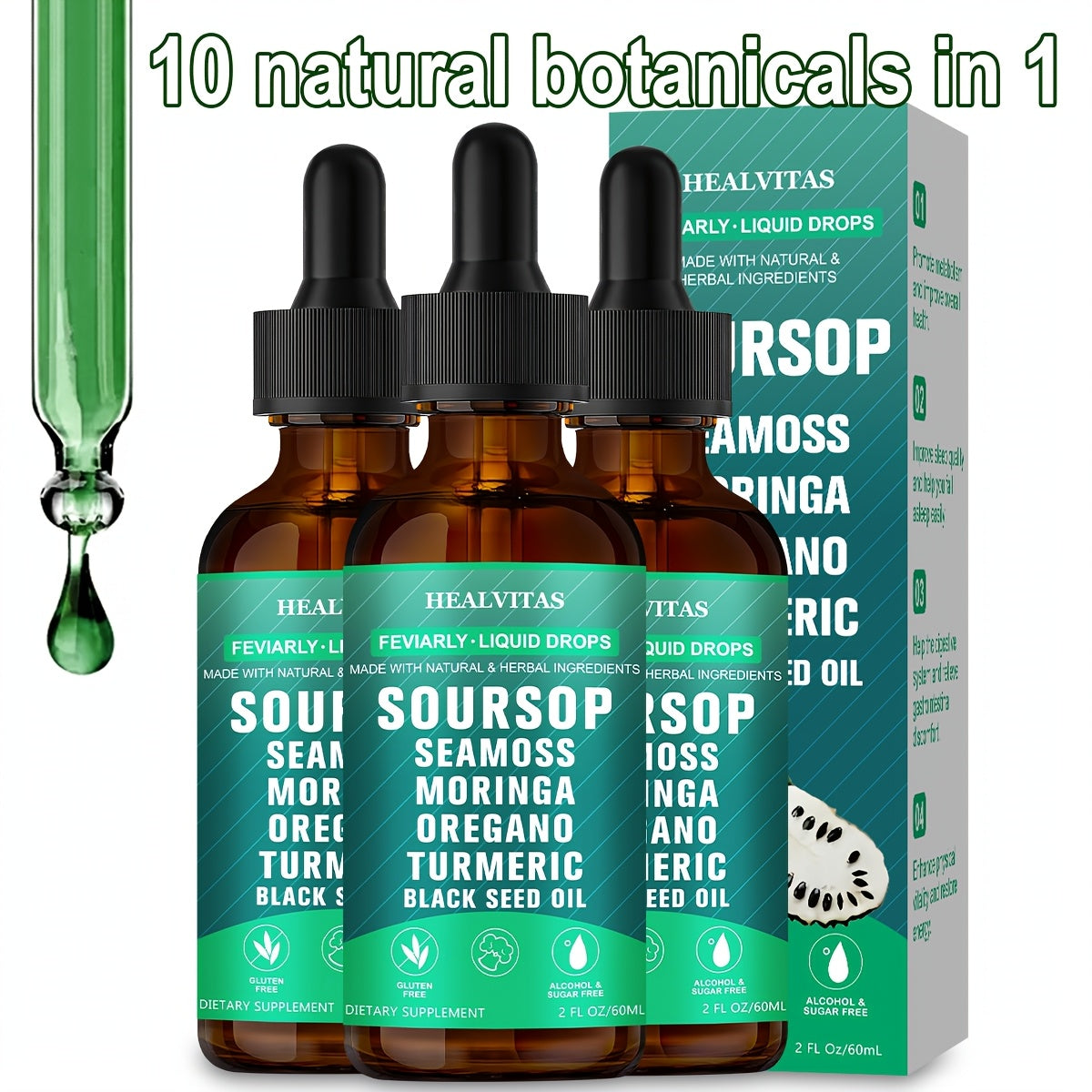 Soursop Bitters Liquid Supplement 2oz 10-in-1 with Seaweed Moringa Turmeric Black Seed Oil & Oregano Herbal Extracts — Highly Absorbable Digestive Gut & Intestinal Health Support for Women & Men