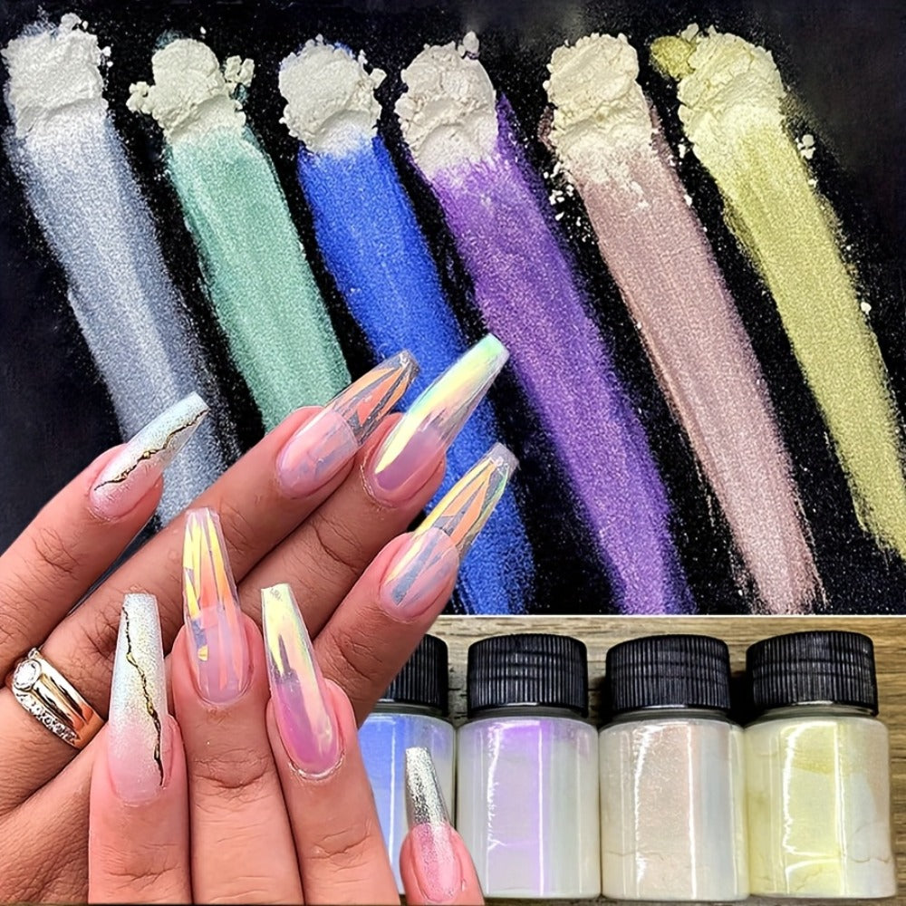 Aurora Nail Powder 12 Colors Chrome Pearl Glitter Neon Dust Holographic Iridescent Pigment Set for Chrome Nail Art Dipping Powder Decoration Nail Charms Gel Acrylic