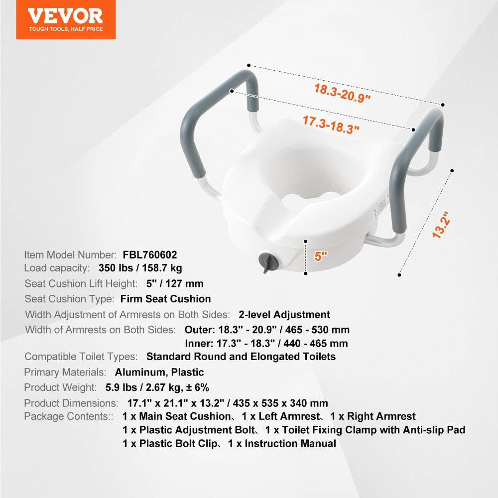 Raised Toilet Seat with Arms for Seniors & Elderly - 5 Inch Elevated Toilet Seat, 350 lbs Capacity, Twist Lock, Adjustable Armrests with Padding, Fits Round & Elongated Toilets