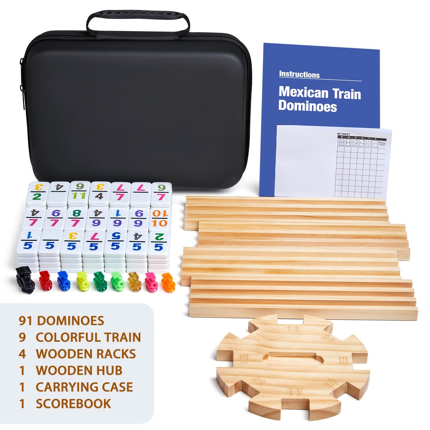 Mexican Train Dominoes Double 12 Set – 91 Colorful Tiles, 9 Metal Trains & 4 Wooden Racks, Complete Strategy Board Game with EVA Travel Case for Family Game Night, Adults & Kids, Classic Christmas & Holiday Gift