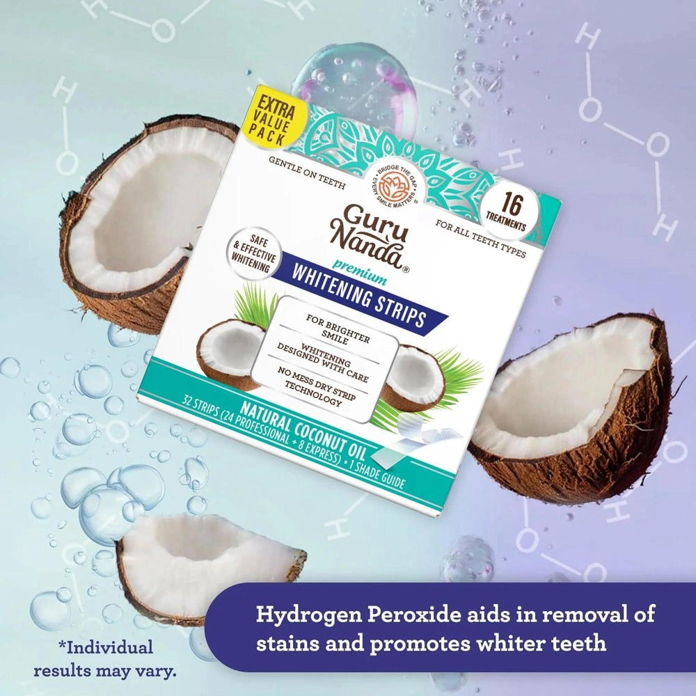 Hydrogen Peroxide Whitening Strips 16 Treatments — Non-Slip Dry Strip Technology, Coconut Extract, 12 Professional + 4 Express Sessions, Vegan, FDA-Registered, Removes Coffee & Wine Stains