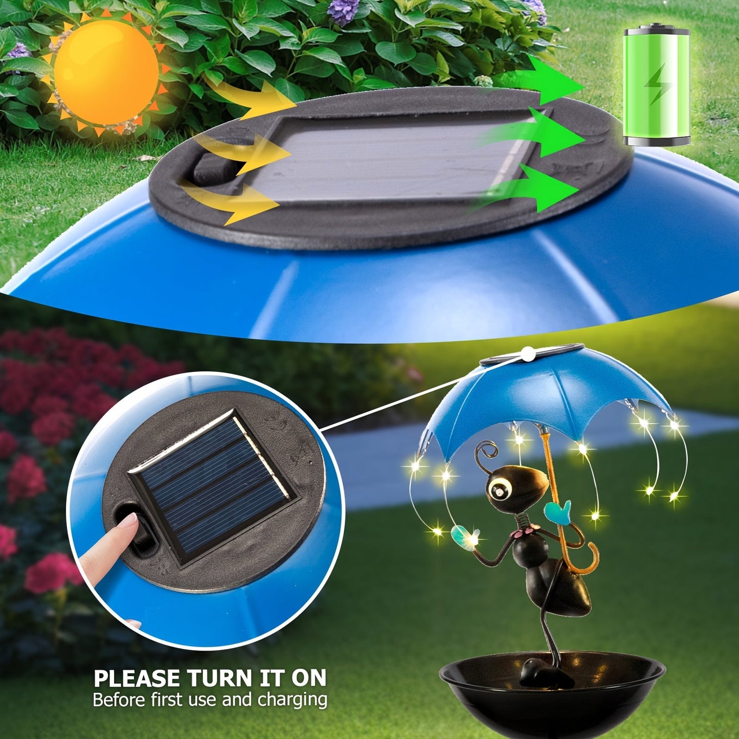 Solar Frog Statue Garden Light with Bird Feeder & LED String Decor