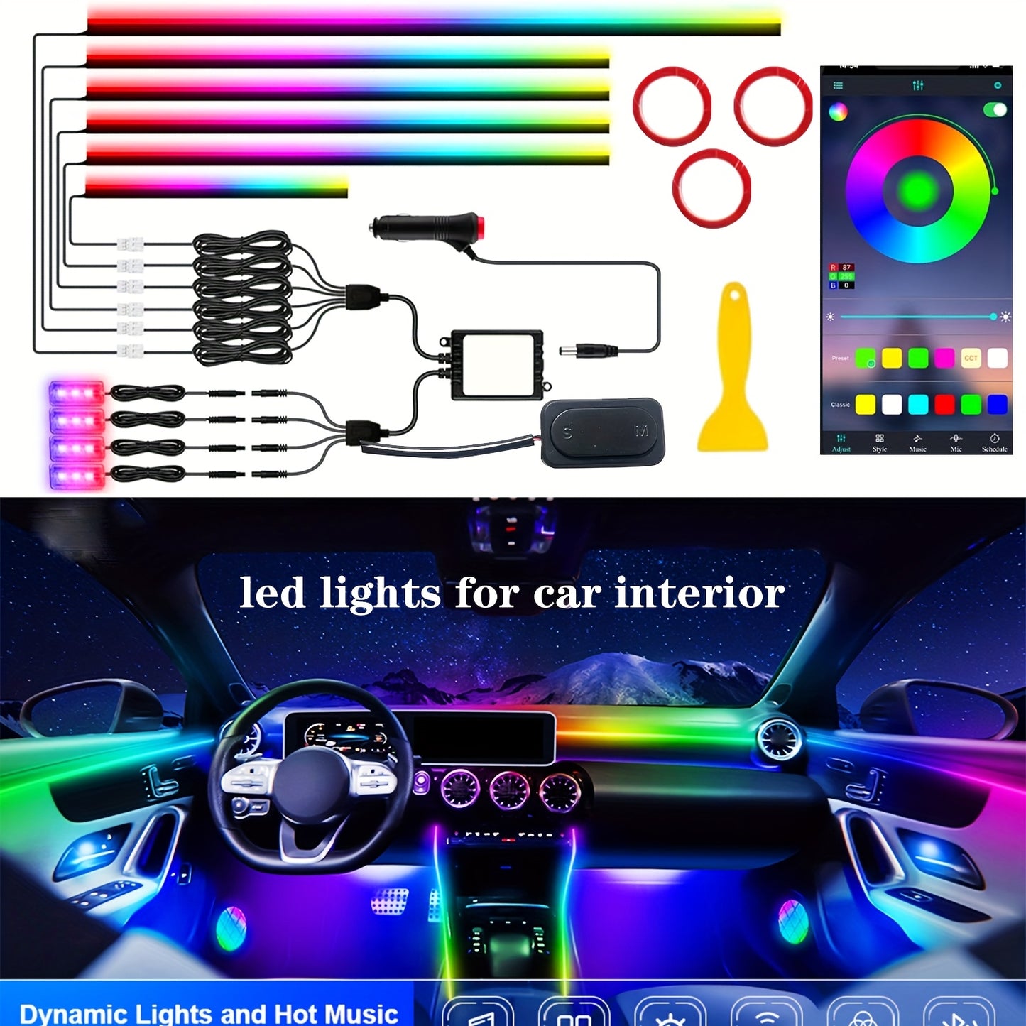 4pcs Interior Car LED Strip Lights APP Control, Ambient Lighting Car with 114 Inches Fiber Optic, Inside Car Lighting Decorations, Used for The Center Console And Door Decorative Light Strips of Automobiles LED Lights, Car Luxury Additions